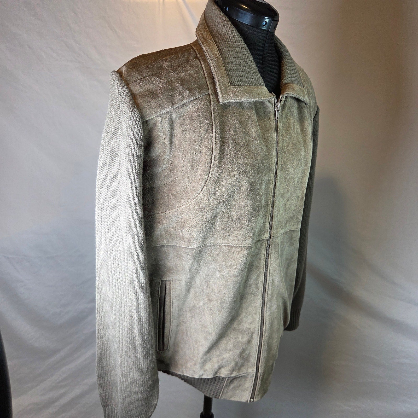 Claybrooke Cow Split Leather Knit Full Zip Sweater Jacket Men's XL Korea Vintage