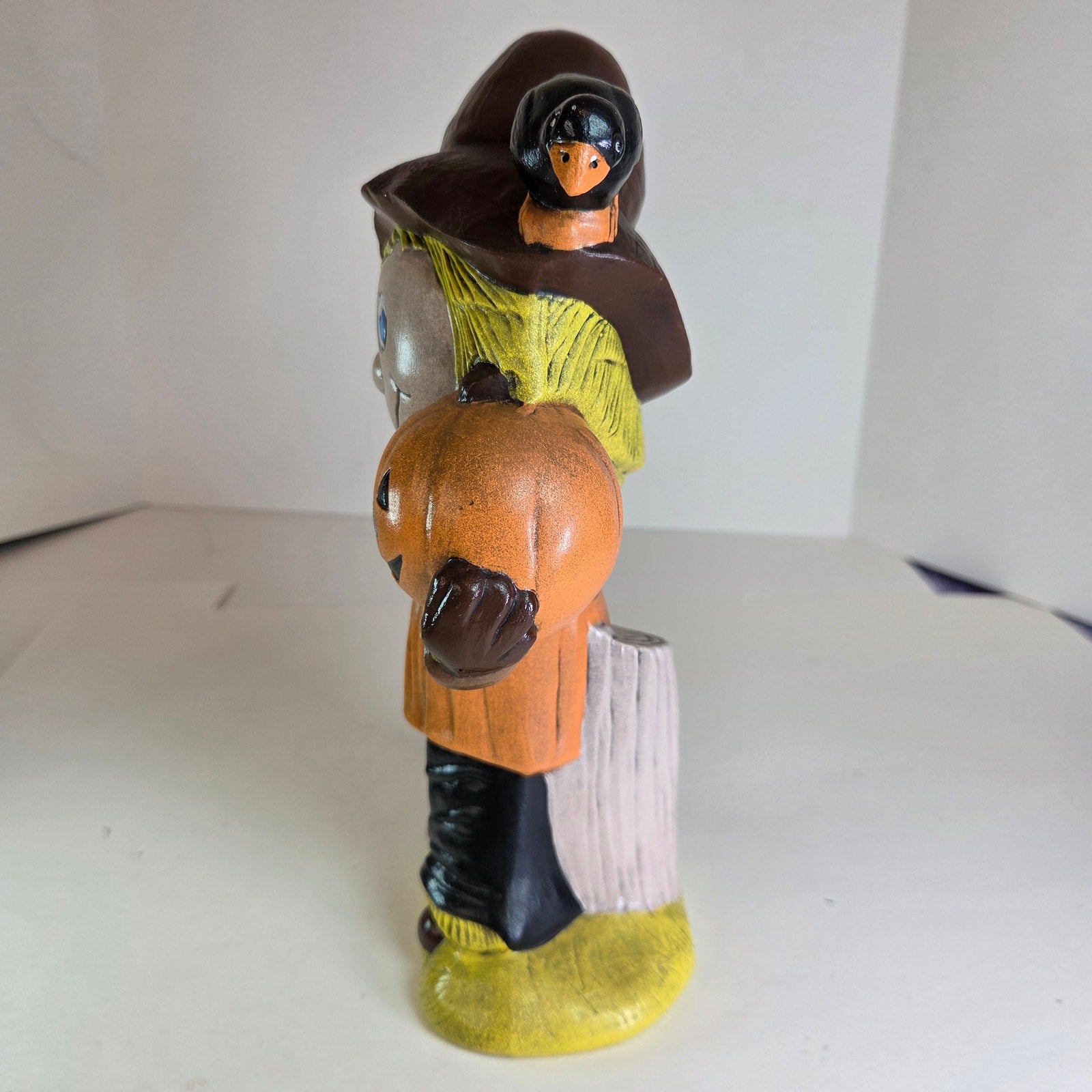 Vintage 1977 Macky Halloween Scarecrow Figurine Pumpkin Crow 10.25" Hand Painted