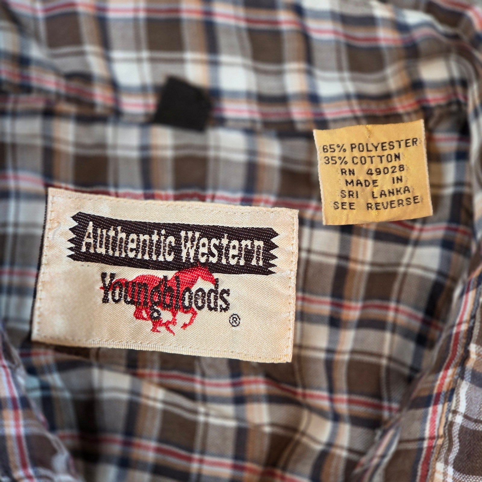 Vintage Youngbloods Western Pearl Snap Plaid Shirt Brown Tan Red Size M