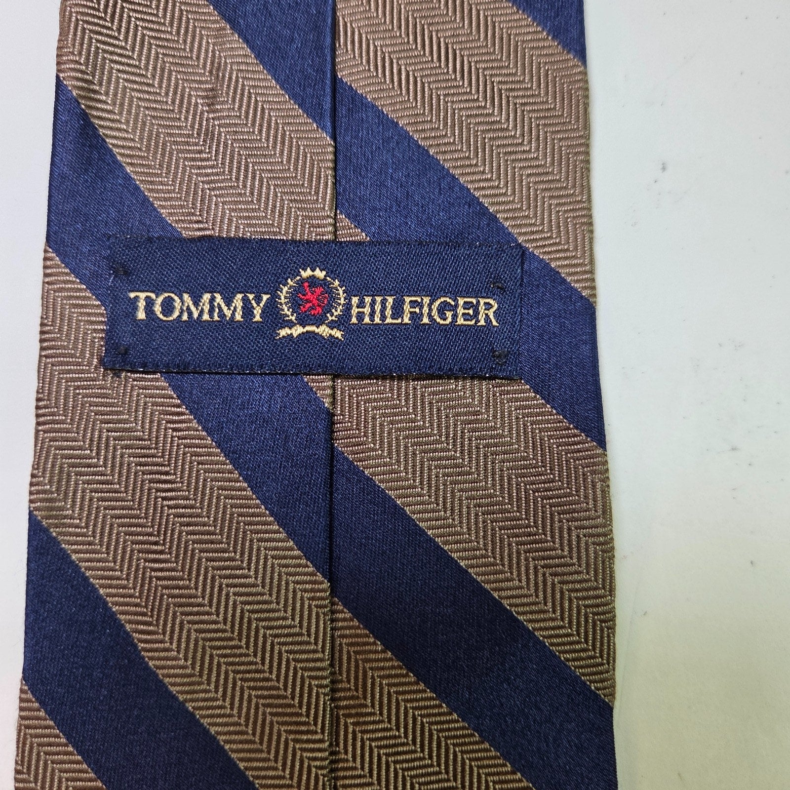 Tommy Hilfiger Navy Tan Striped Repp Tie 3.75" Classic USA Made