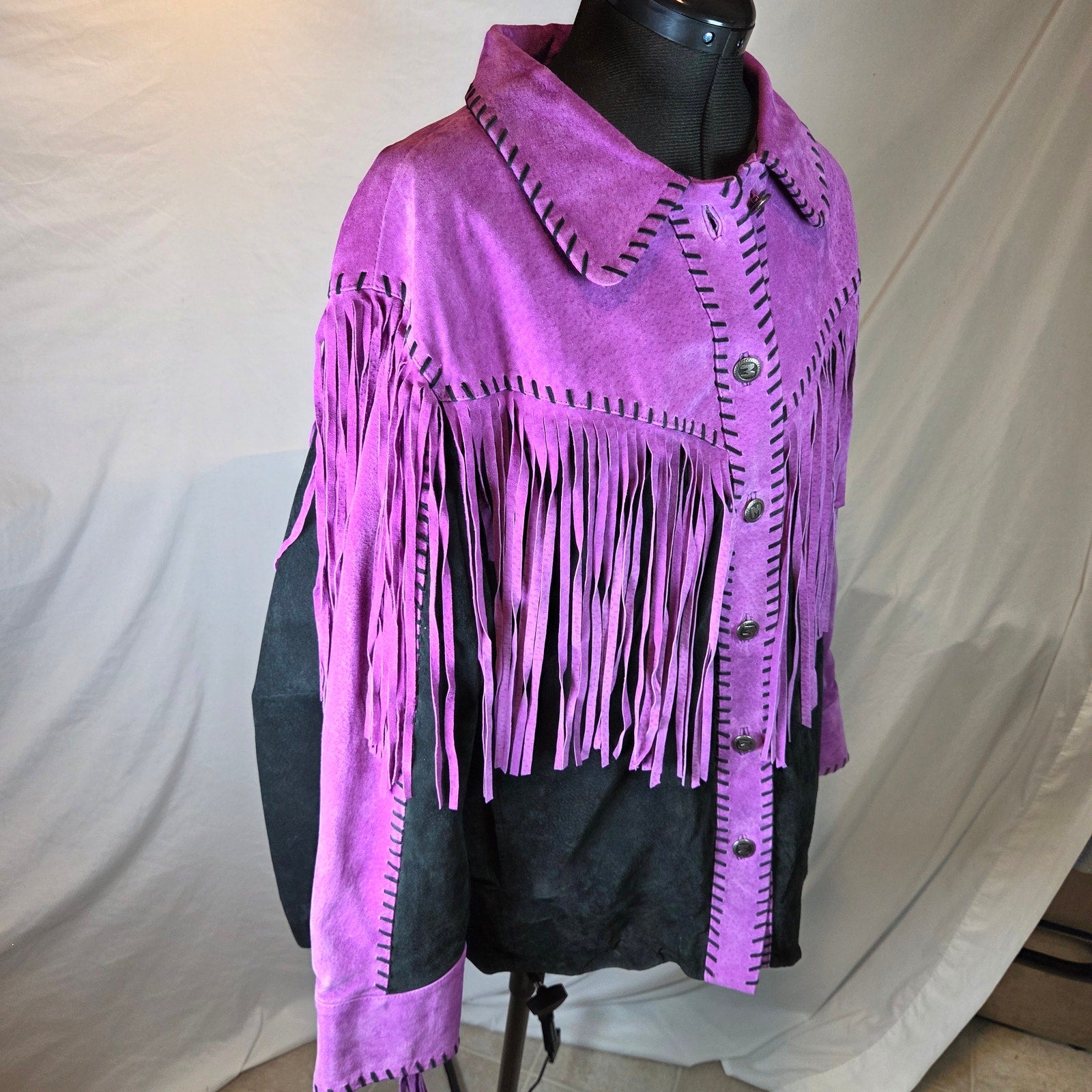 Bob Mackie Wearable Art 2X Leather Fringe Western Jacket Purple Black