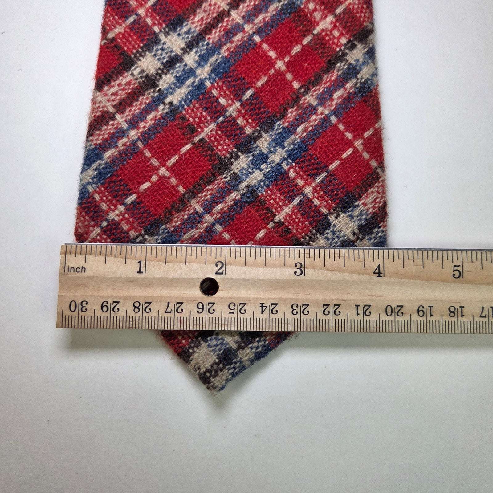 Vintage Kings Lynn Wool Plaid Tie Red Navy Cream Tartan 4” Wide 70s Preppy Style