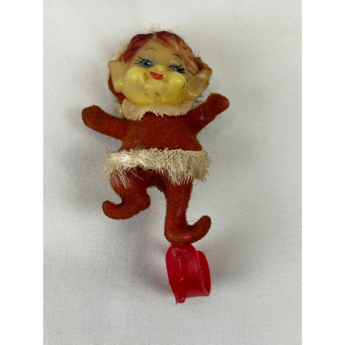 Vintage 1940s 1950s Flocked Pixie Elf Christmas Ornament Clips Lot of 4