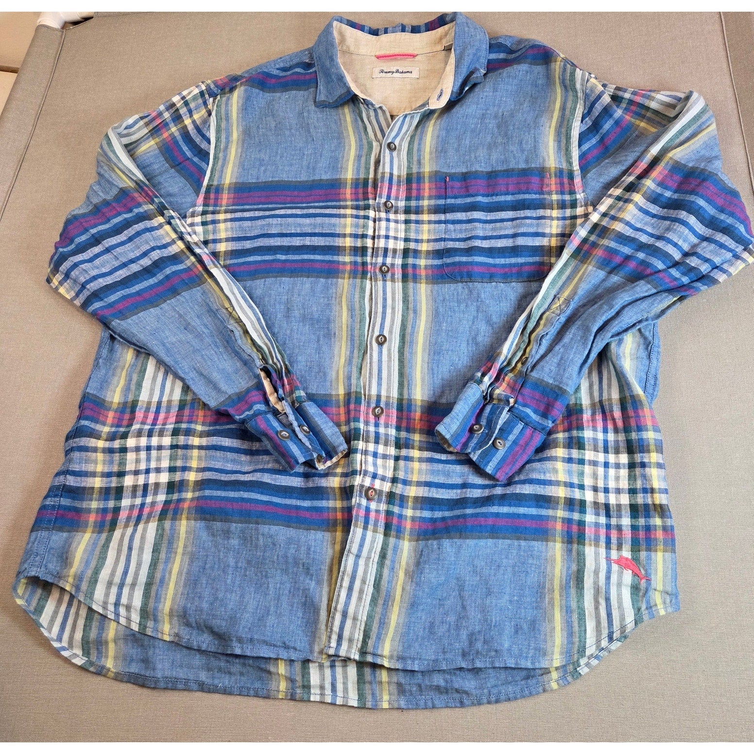 Tommy Bahama Linen Plaid Shirt XL Blue Button Up Marlin Logo Long Sleeve