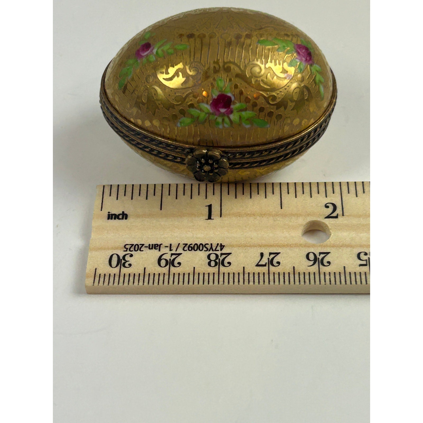 Limoges France Incrustation Trinket Box Hand Painted Roses Raised Gold Oval