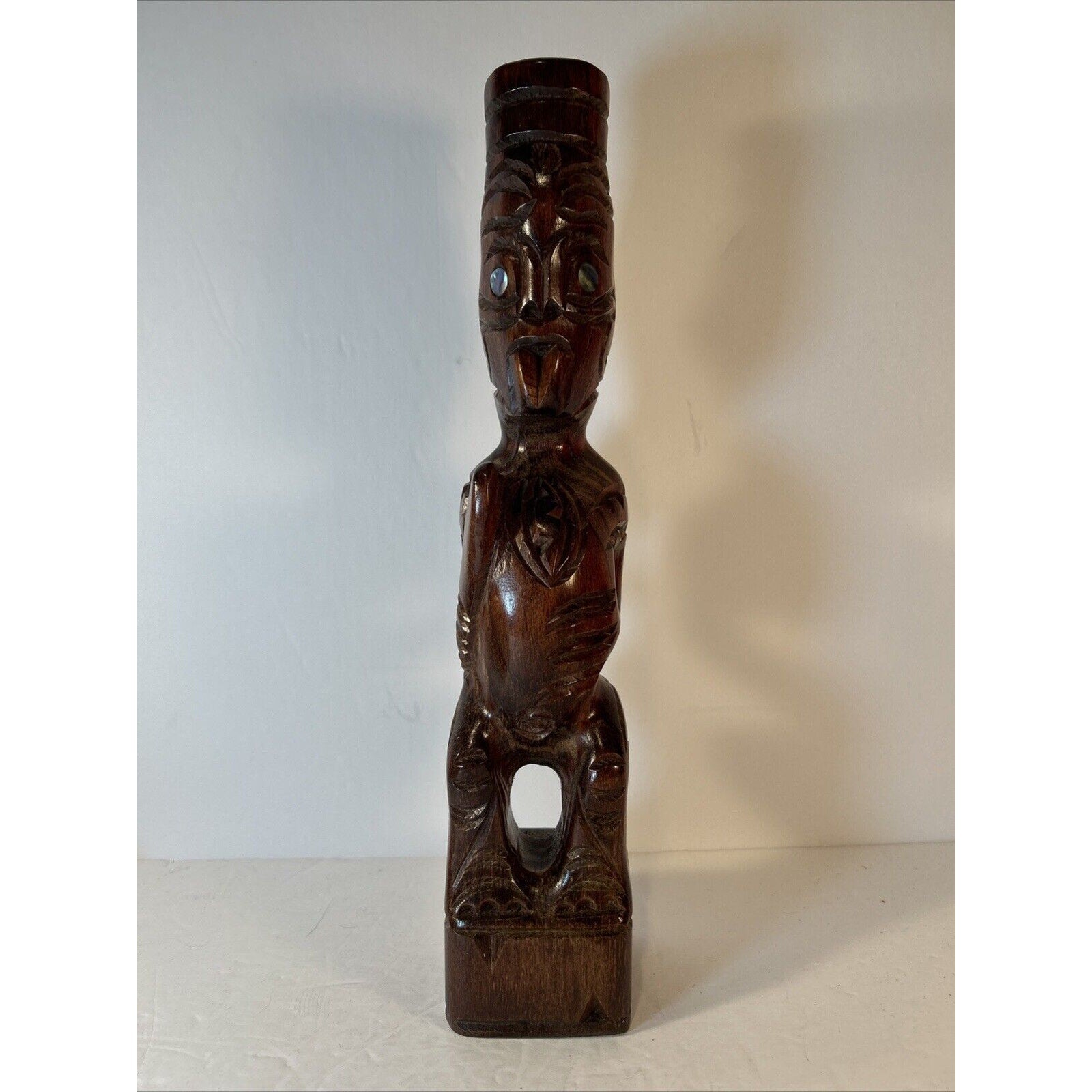 Vintage Māori Tiki Carving | 13.5-in Hand-Carved NZ Wood Statue Polynesian Art