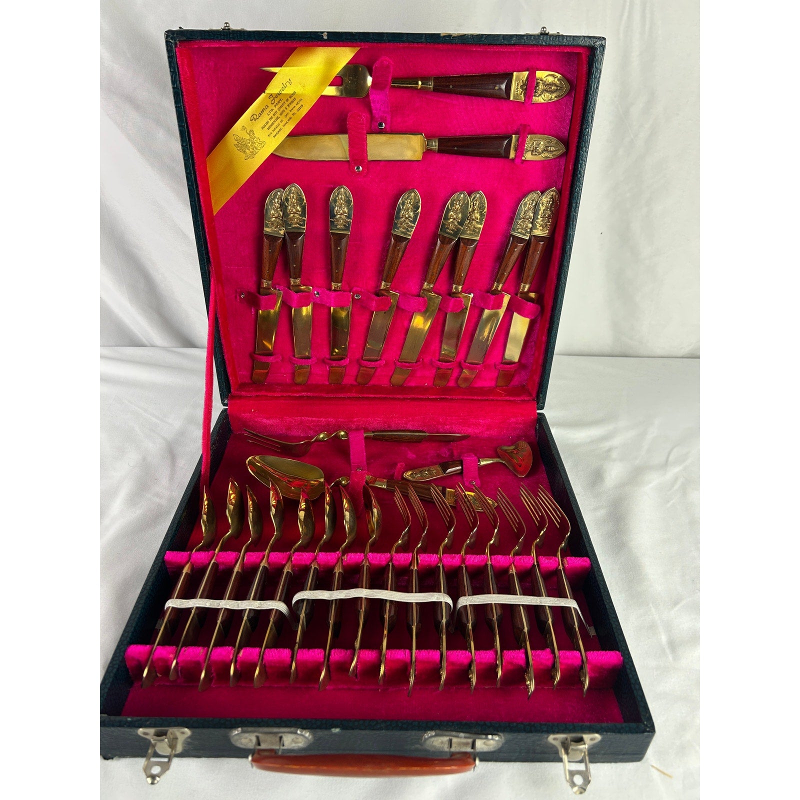 Vintage Siam Brass Bronze Flatware Serving Set Thailand 24 Pc Case