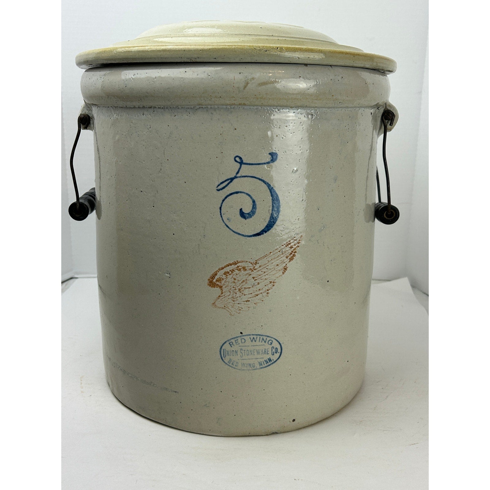 Red Wing Stoneware 5 Gallon Crock w/ Bail Handles & Button Lid, Patented 1915,
