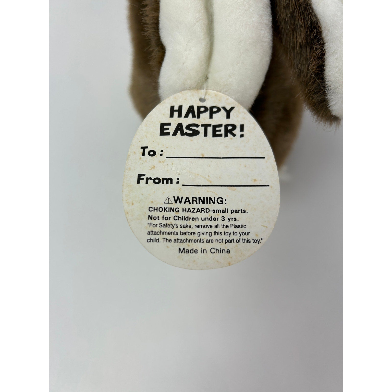 Vintage Easter Bunny Plush Brown and White Rabbit With Happy Easter Tag
