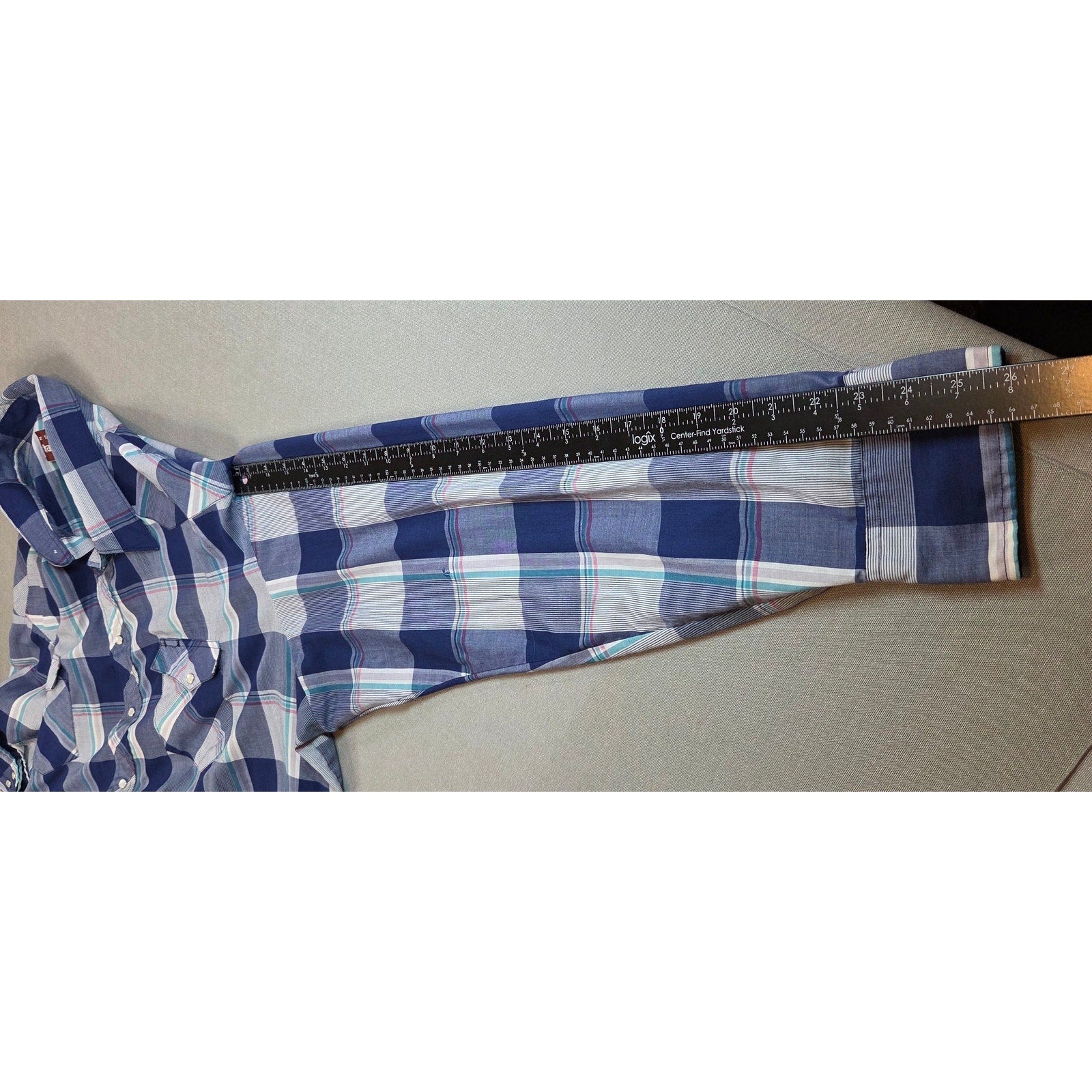 Wrangler 3XT Tall Man Pearl Snap Western Shirt Blue Plaid Flawed Sleeves
