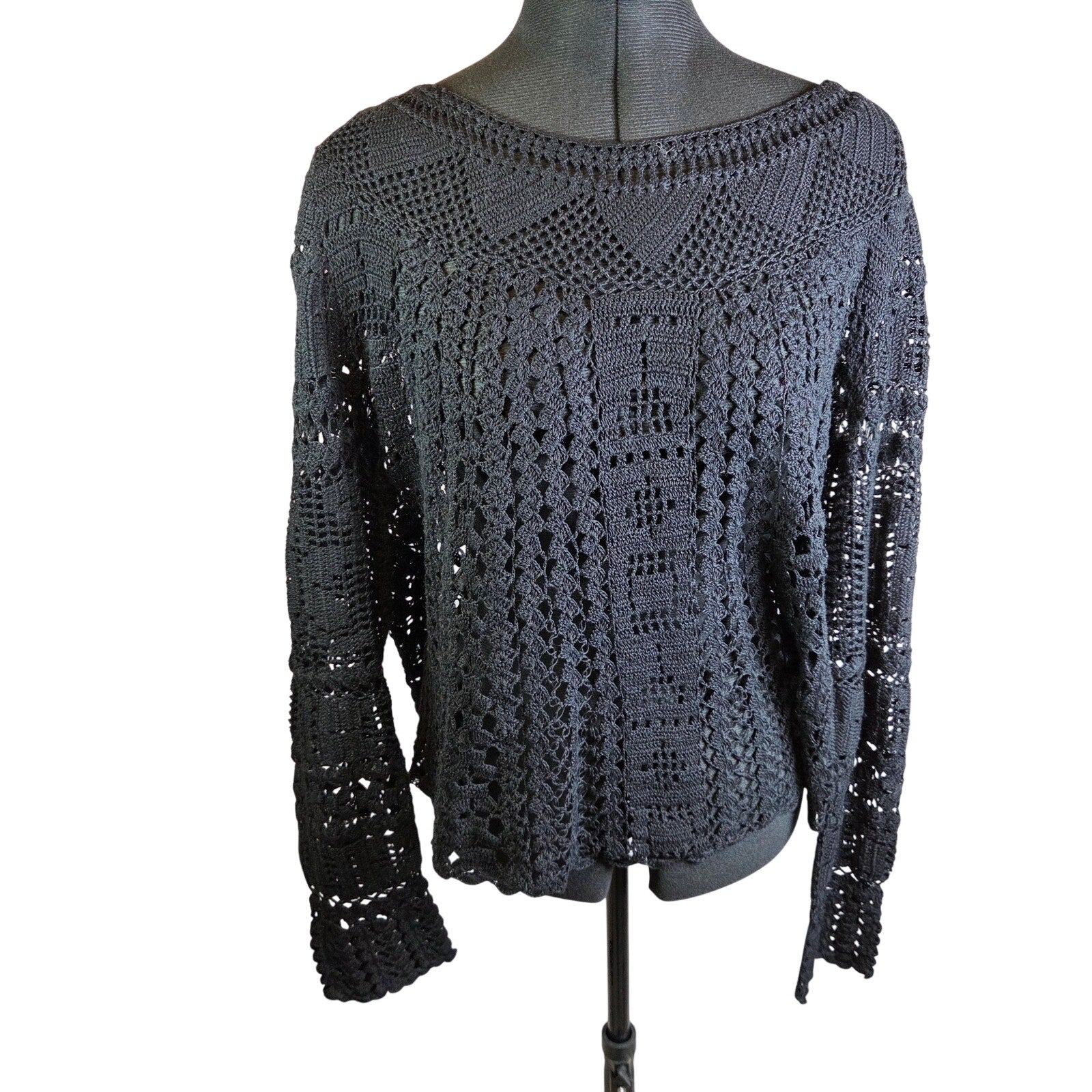 Peruvian Connection Crochet Open Knit Pima Cotton Sweater XL Peru Boho