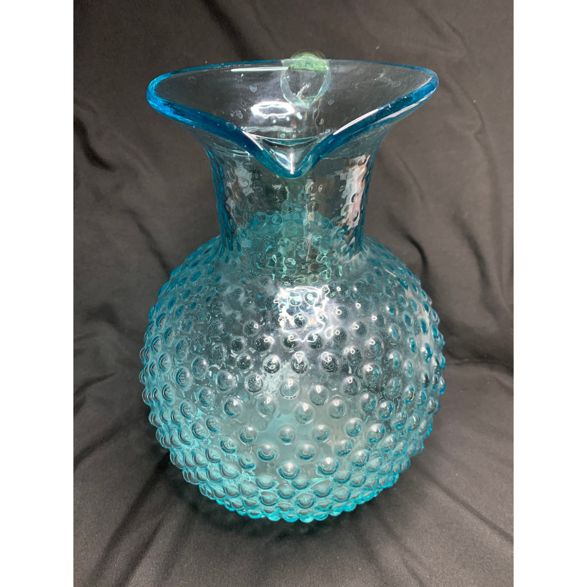 Large Aqua Blue Hobnail Glass Pitcher Clear Applied Handle Heavy Art Glass