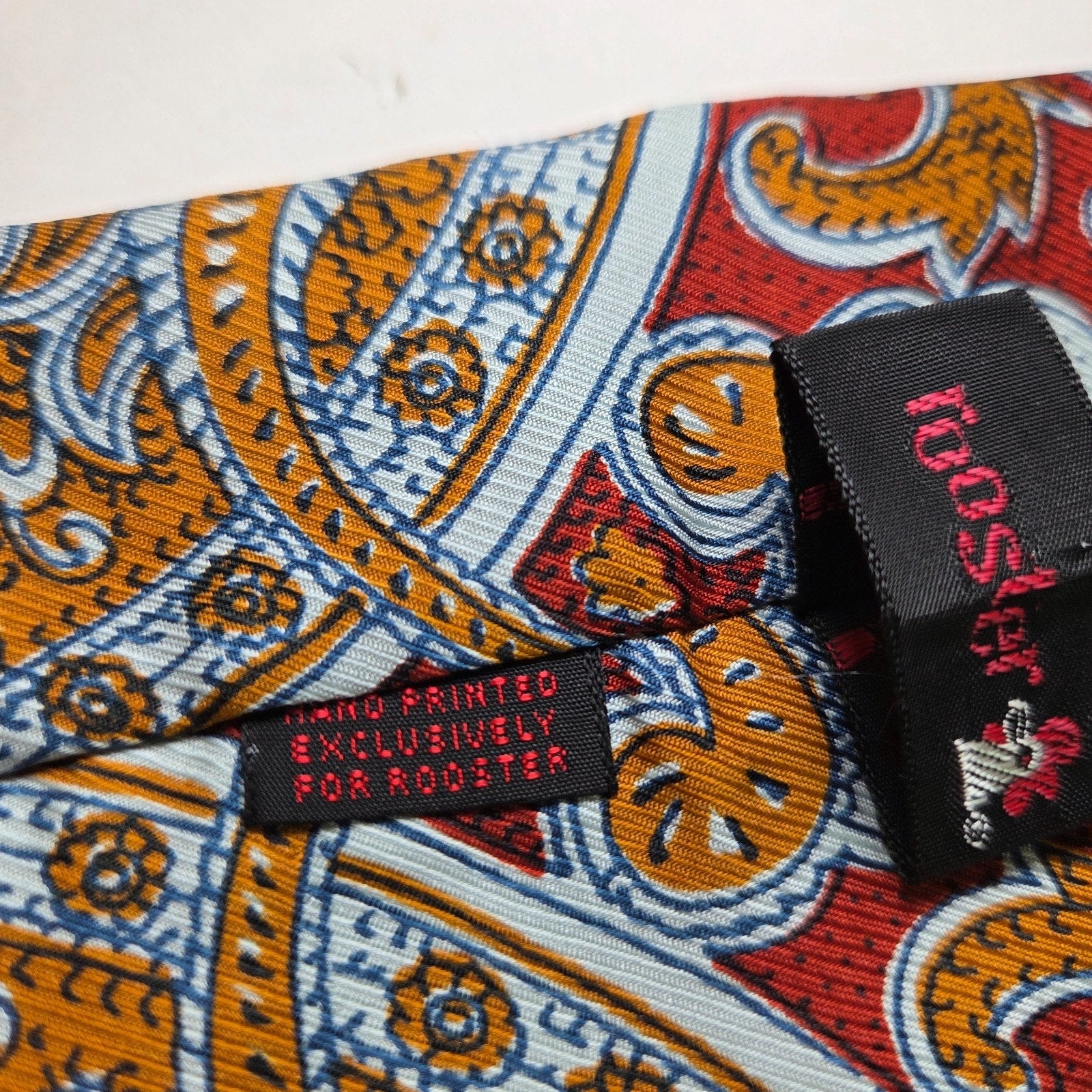 Vintage Rooster Flat Tip Tie Paisley Red Gold White Hand Printed USA 3.25"