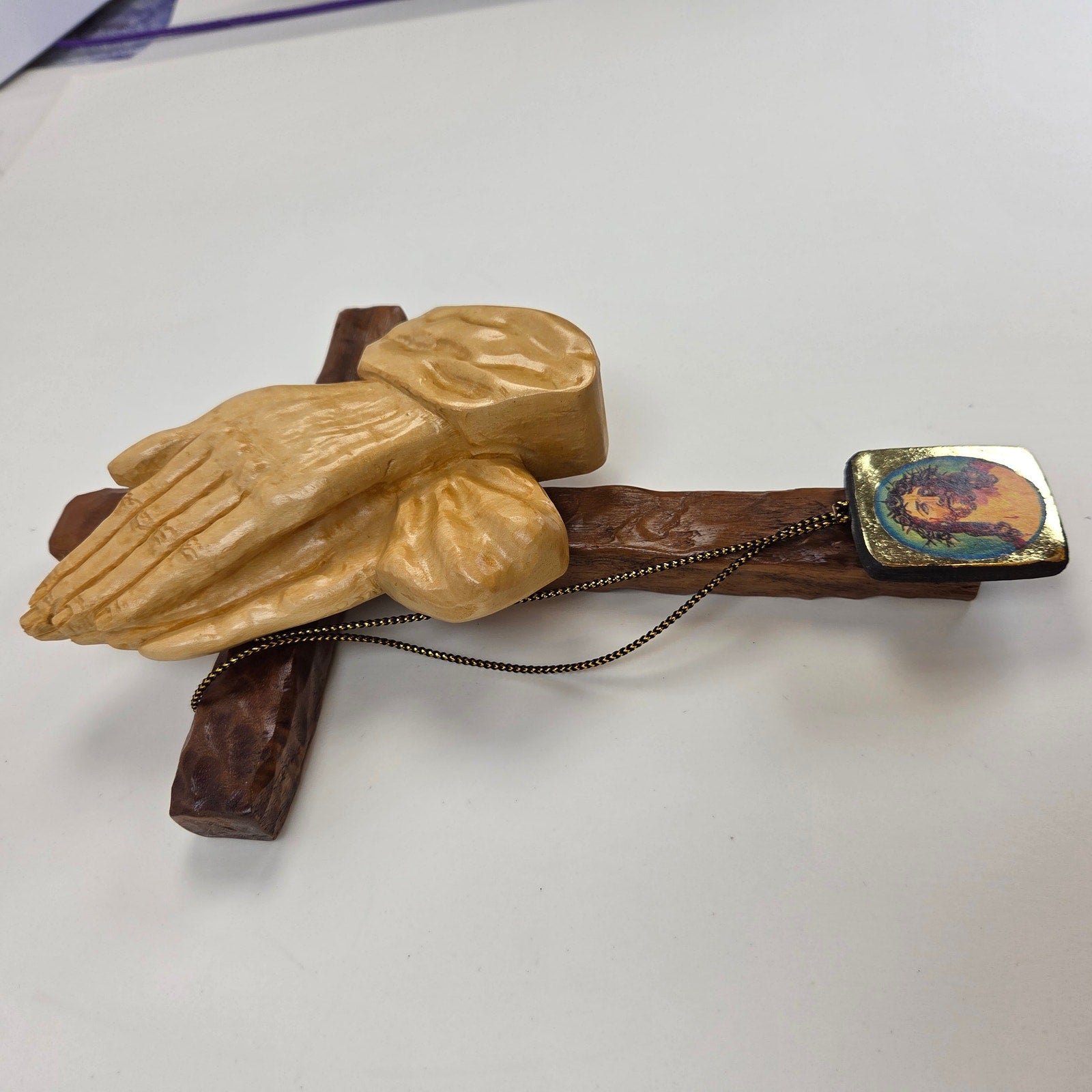 Signed Jim Ward Hand Carved Wooden Praying Hands Cross Wall Hanging Folk Art