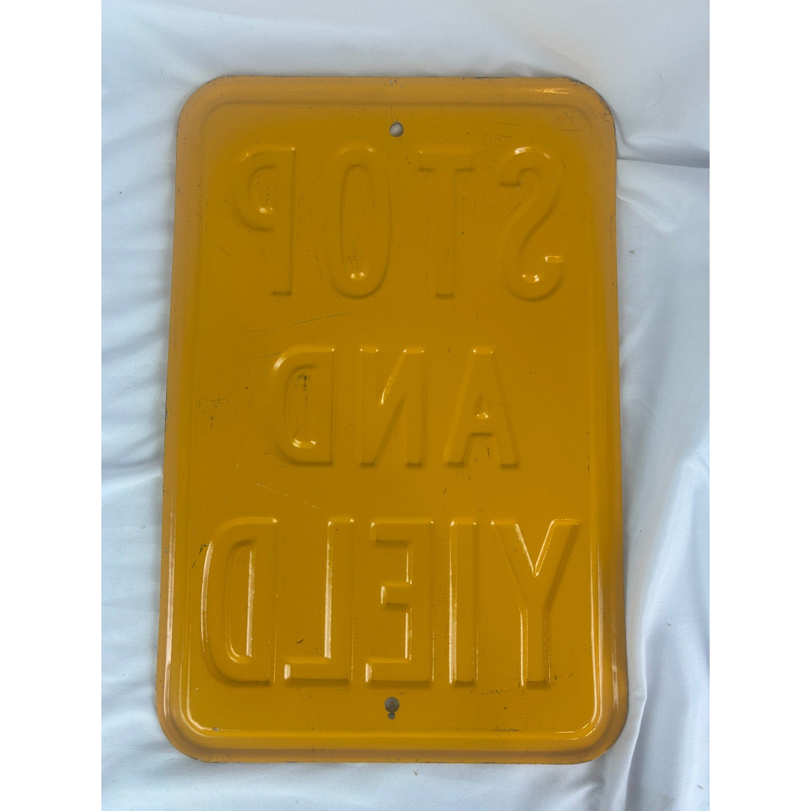 Vintage Stop And Yield Metal Road Sign Yellow Black Embossed 12x18