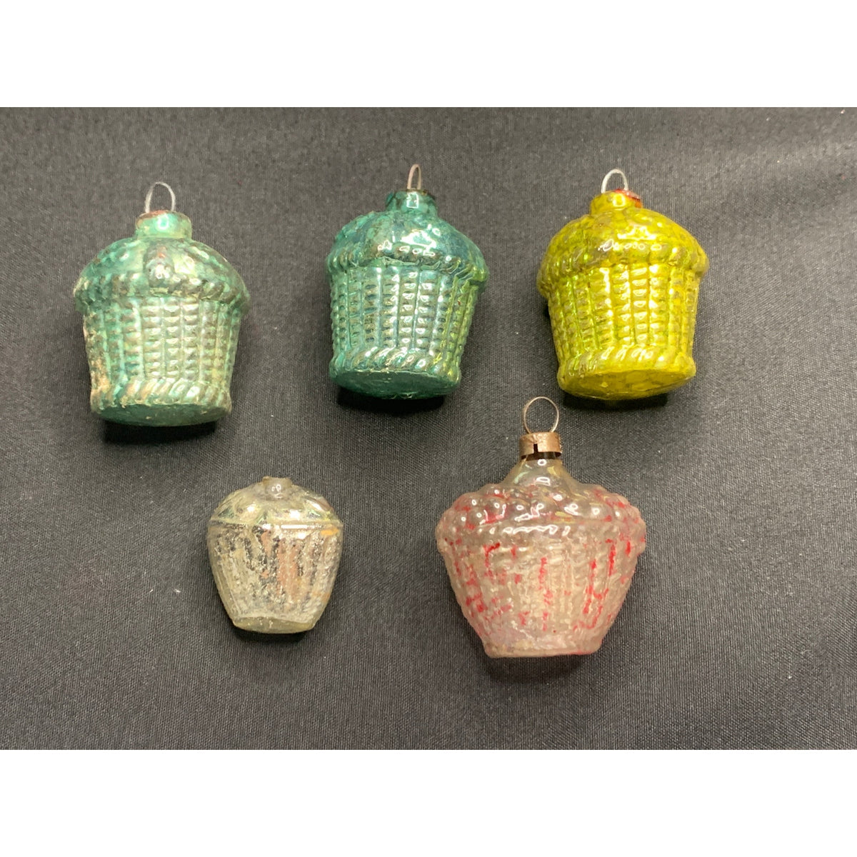 Vintage 1940s Feather Tree Glass Basket Christmas Ornaments Lot of 5