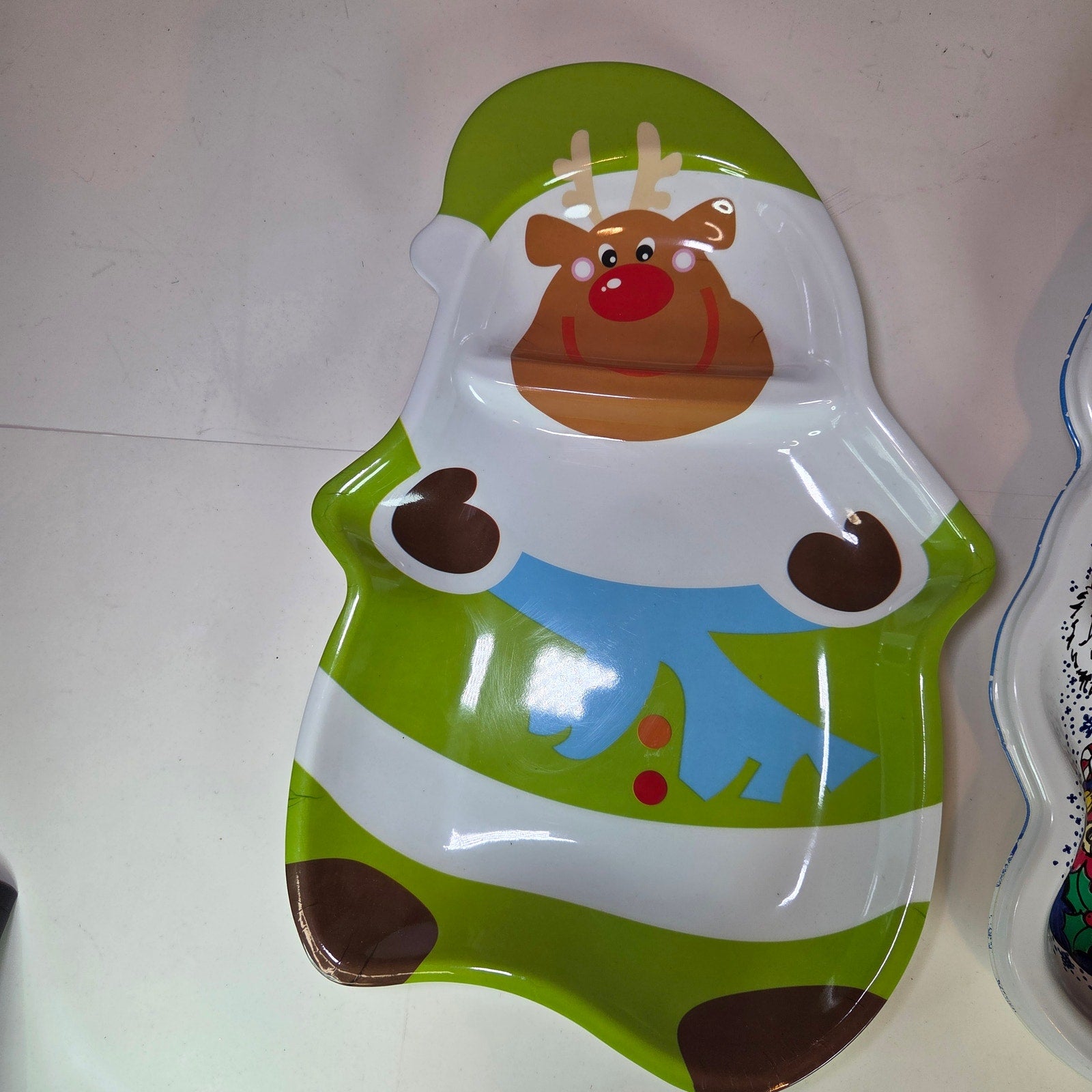 Lot of 2 Christmas Cookie Trays – Santa & Reindeer Shaped Plastic Serving Plates