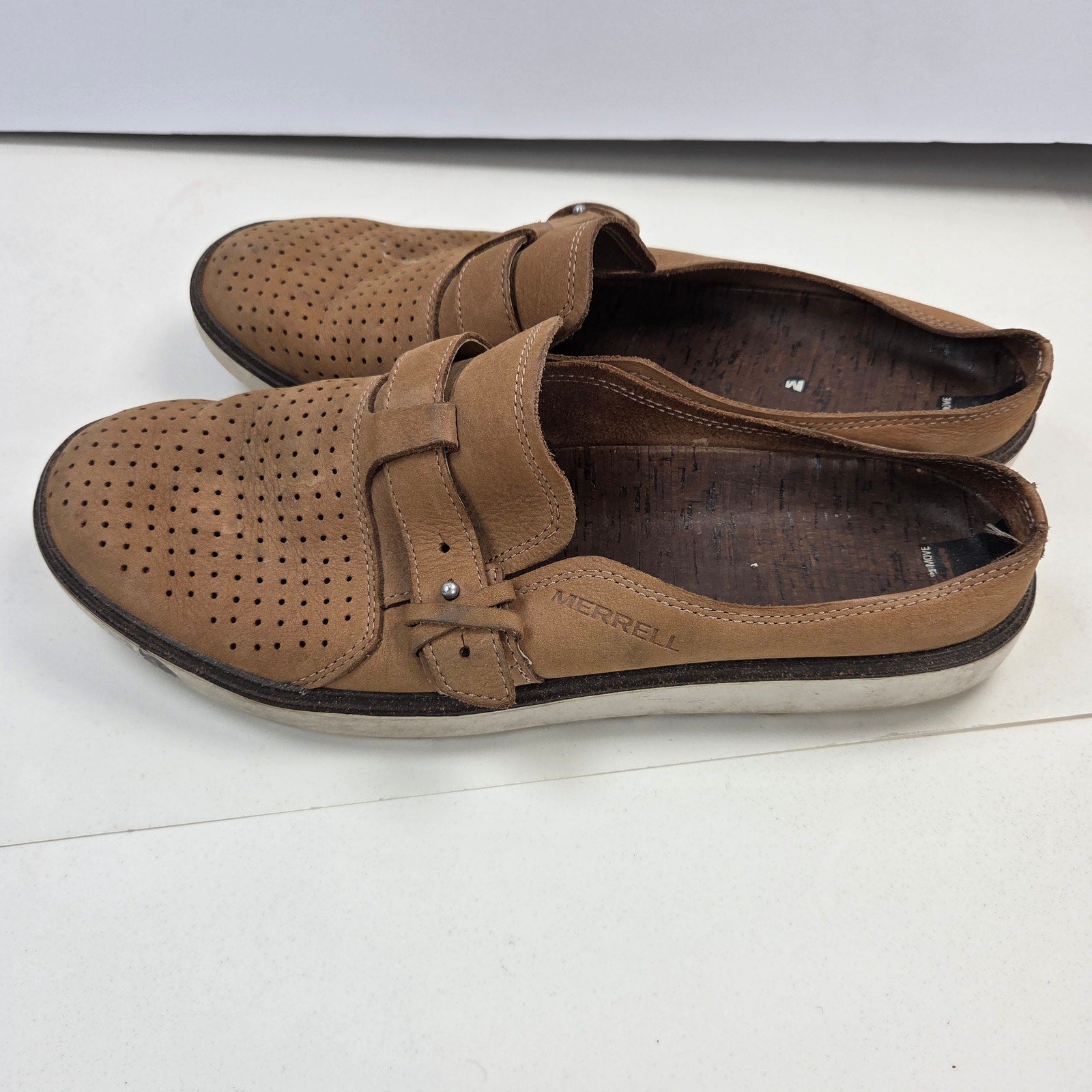 Merrell Around Town J03704 Womens 11 Tan Leather Perforated Slip On Mules