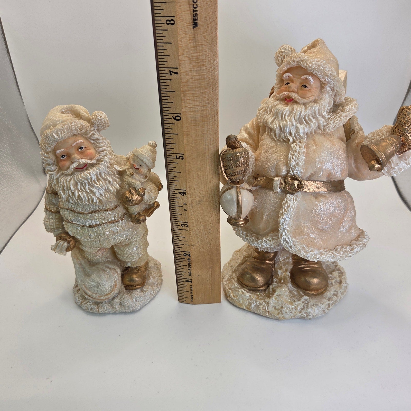 Lot of 2 White Santa Claus Figurines – Gold & Cream Christmas Holiday Decor