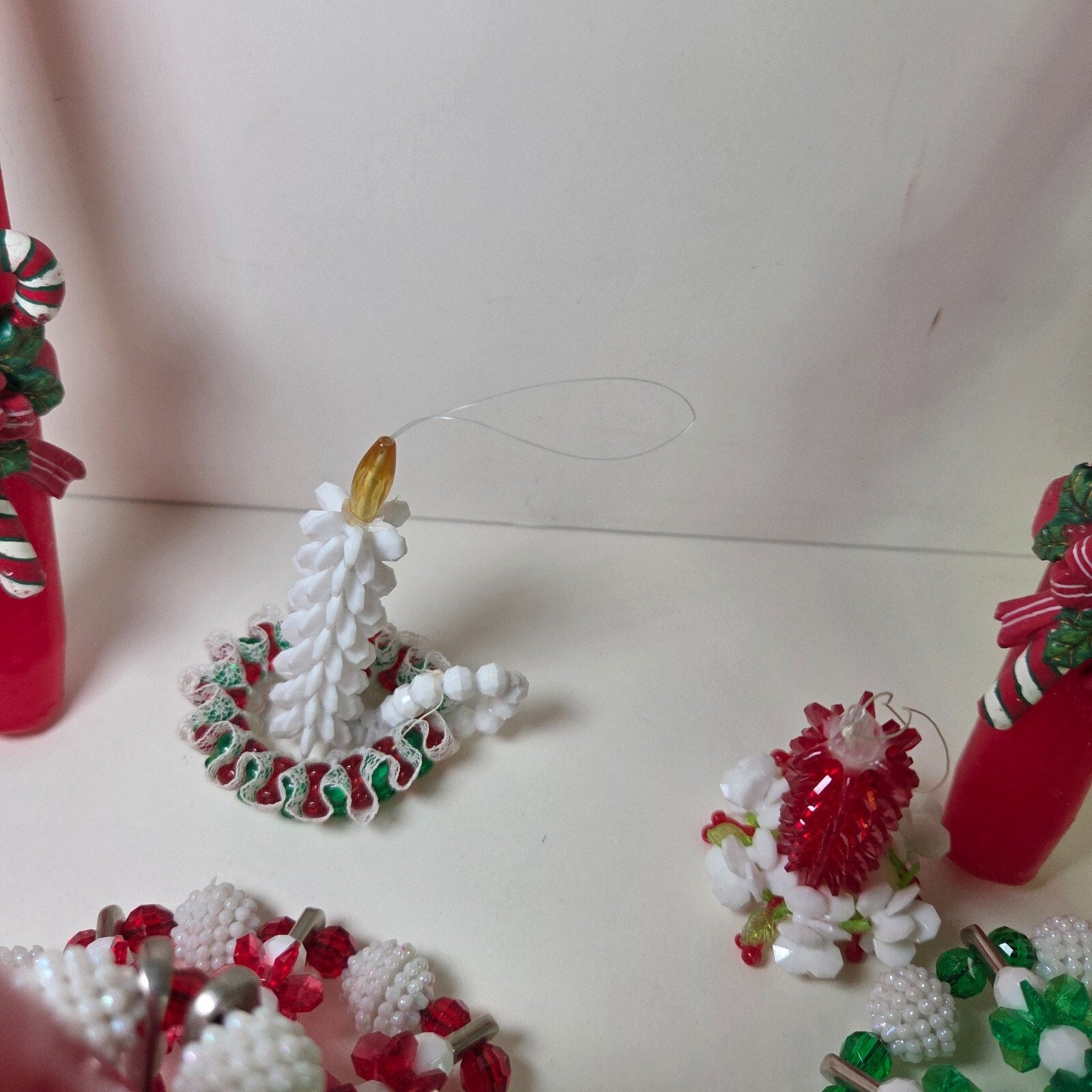Vintage Beaded Christmas Candle Holders & Ornaments Lot of 13 + Candles