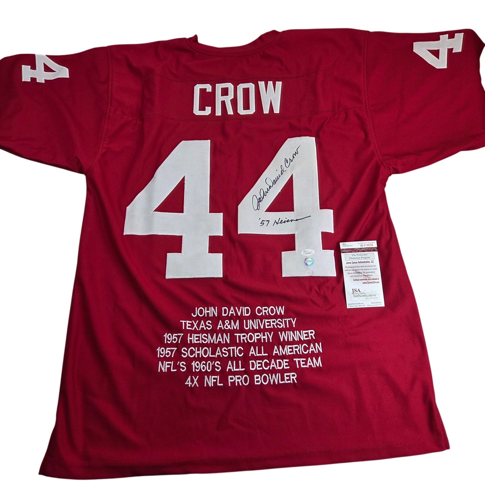 John David Crow Signed Texas A&M Stat Jersey XL JSA COA 57 Heisman Inscribed