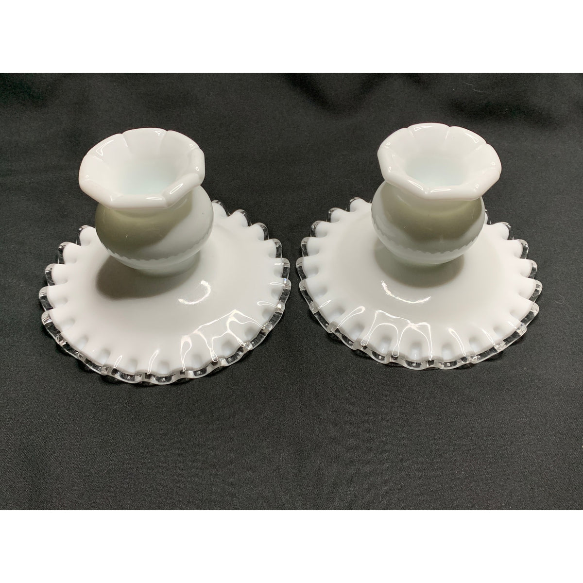 Vintage Fenton Silver Crest Milk Glass Candle Holders Clear Edge Pair