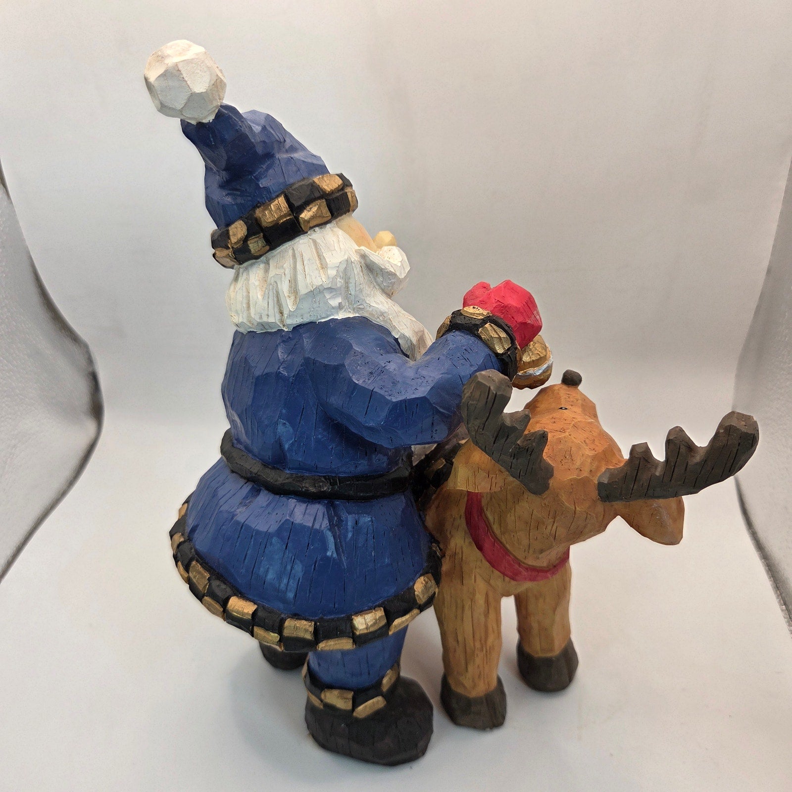 Blue Coat Santa Riding Reindeer Figurine Resin Christmas Decor 11”