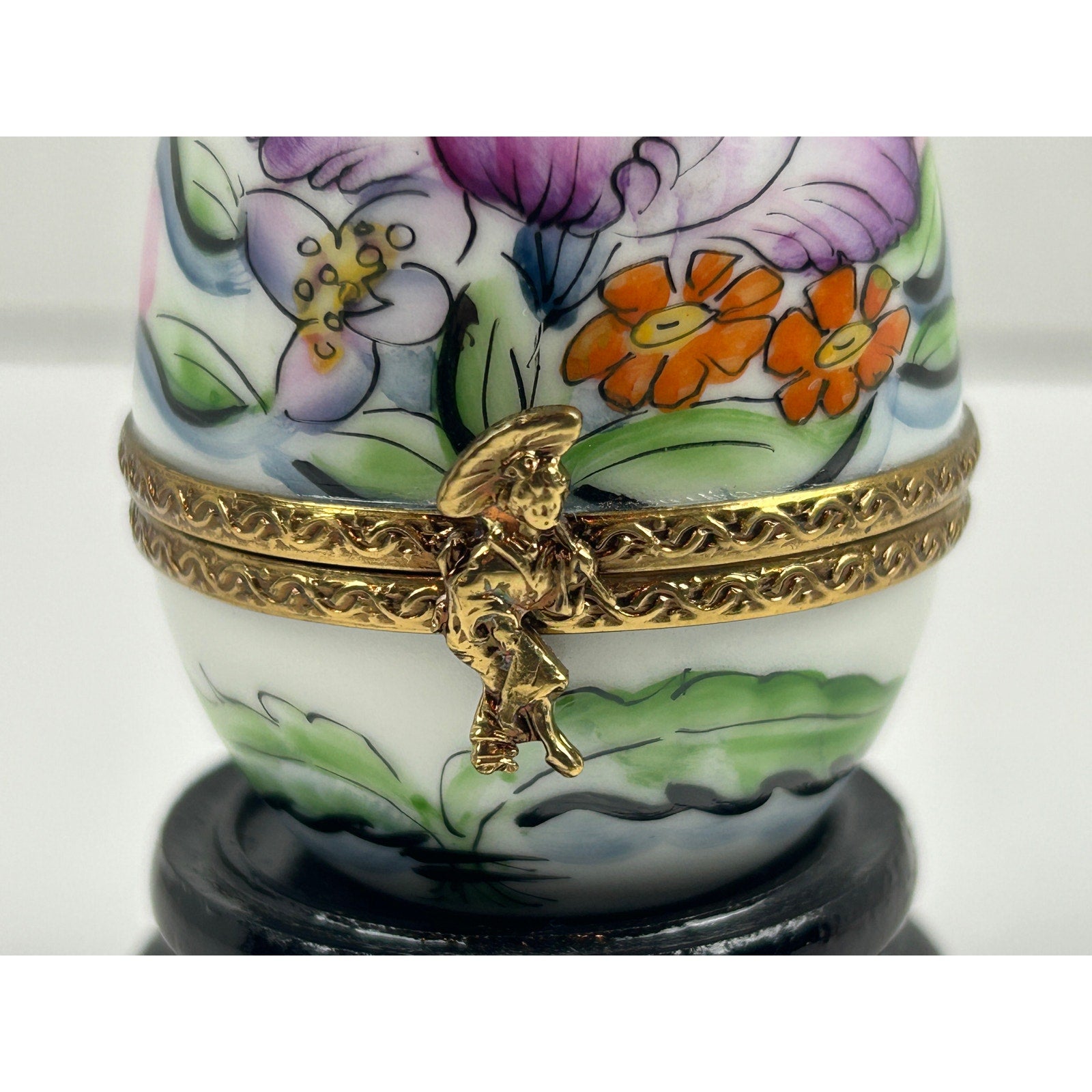 Limoges France Hand Painted Porcelain Trinket Box Egg Purple Floral Richard