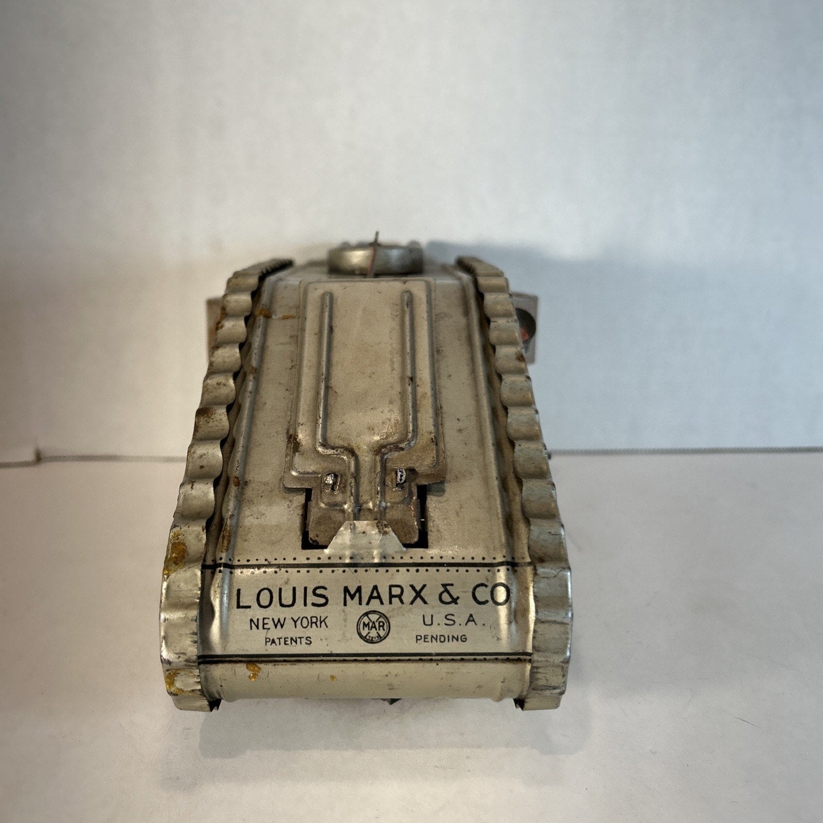 Vintage 1930s Marx Tin Litho Wind-Up Doughboy Tank – Silver – Works