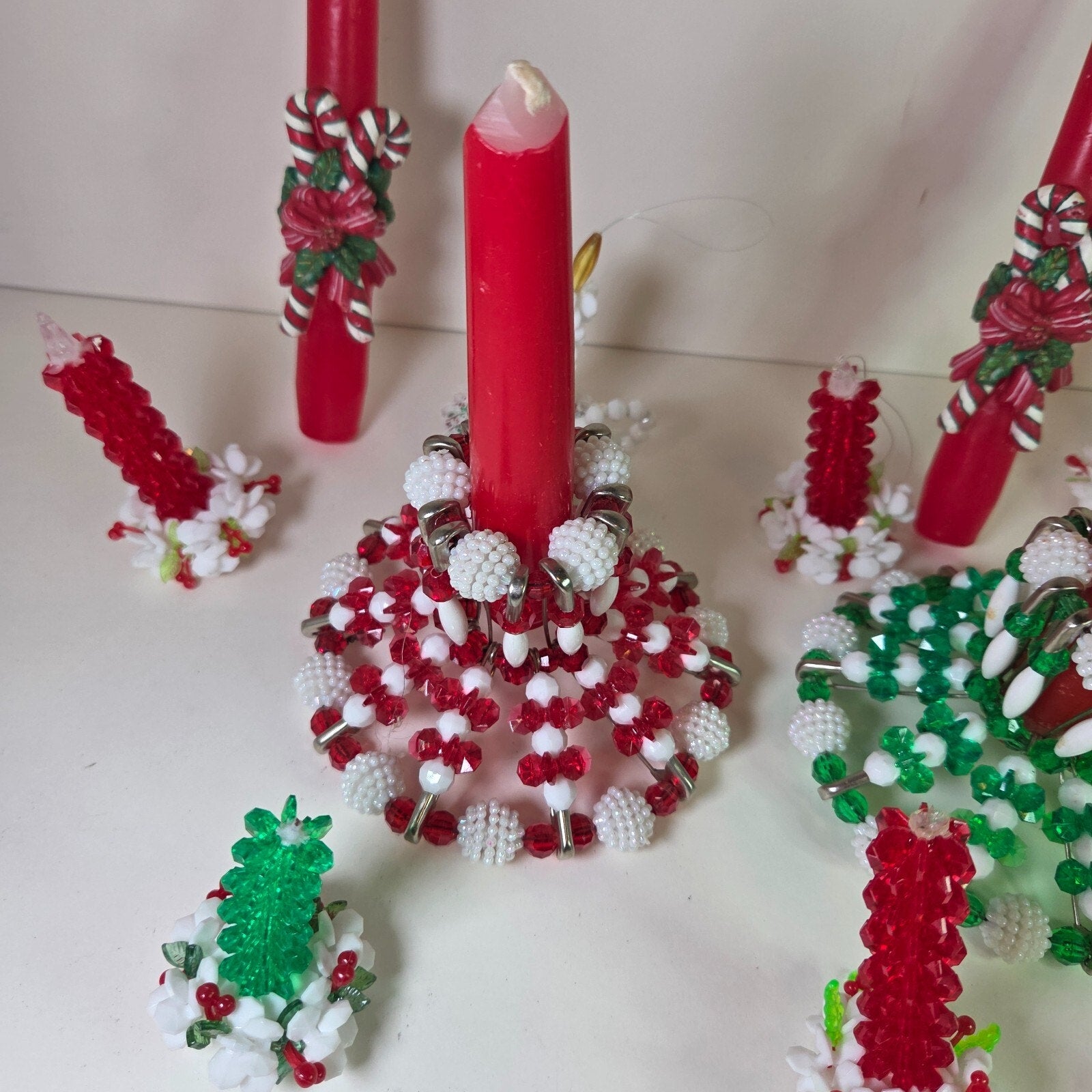 Vintage Beaded Christmas Candle Holders & Ornaments Lot of 13 + Candles