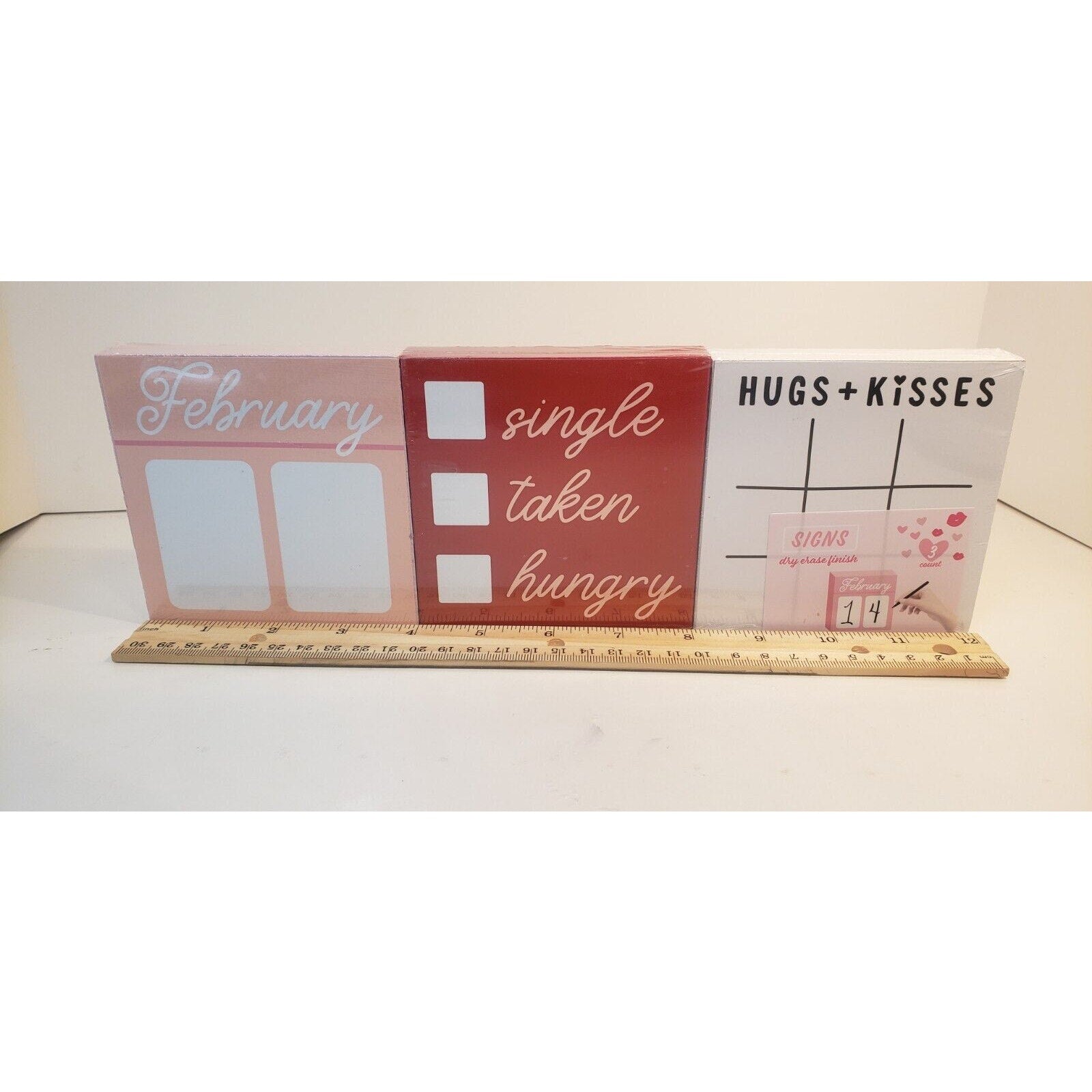 Valentine's Day Themed 3 Pack 4" Wood Block Sign Set w/ Writable Dry Erase Front