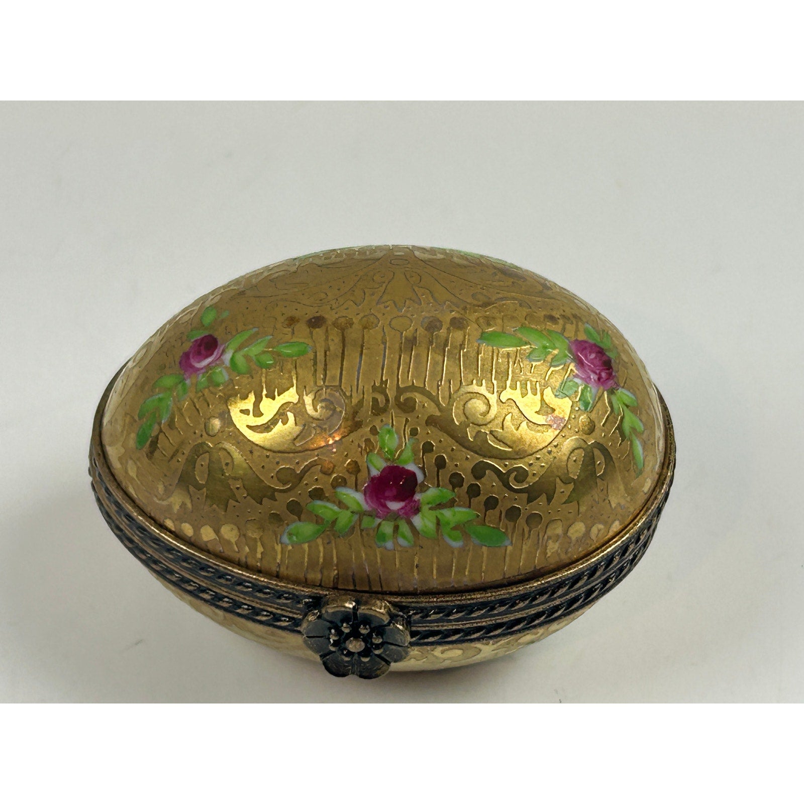 Limoges France Incrustation Trinket Box Hand Painted Roses Raised Gold Oval