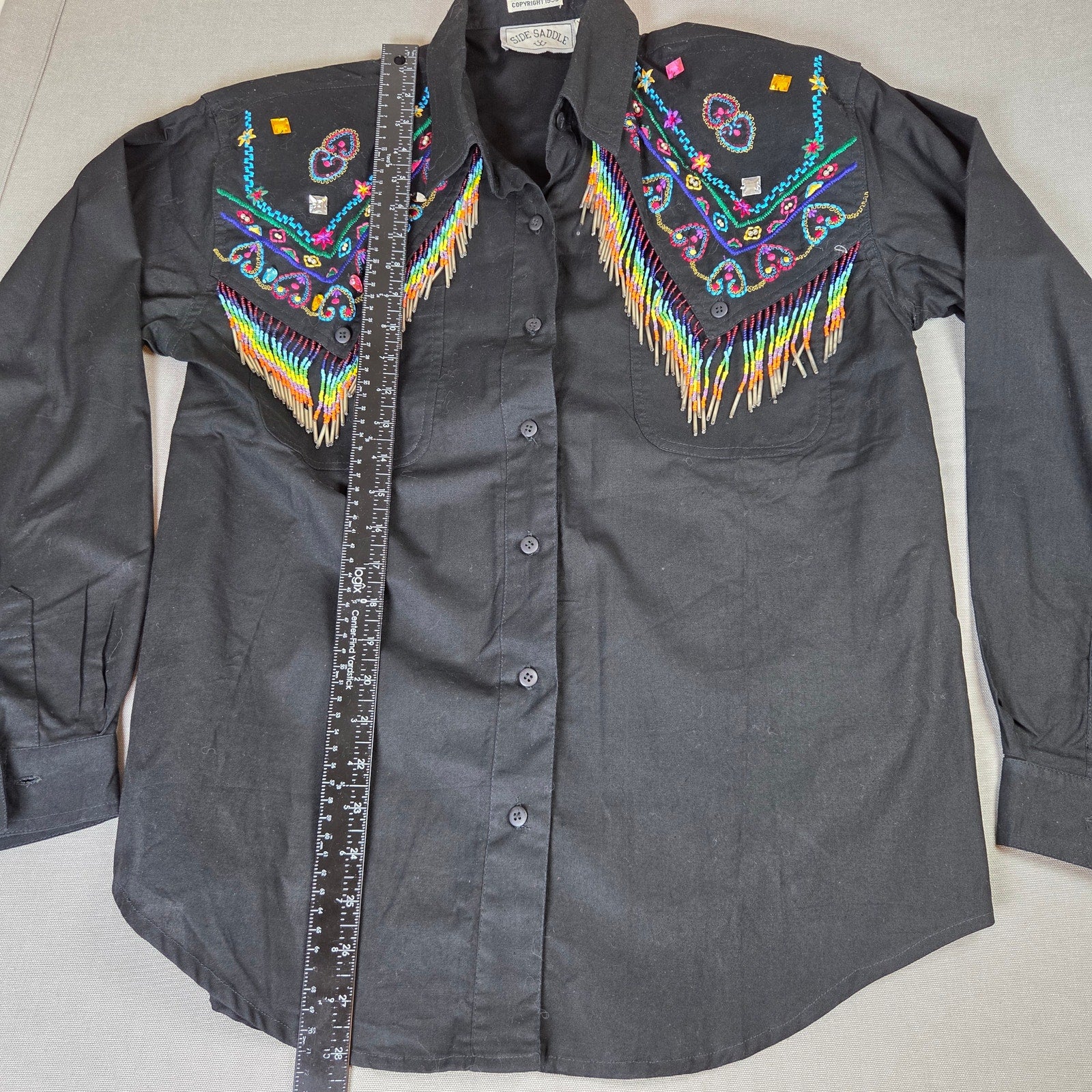 Side Saddle 1993 Beaded Fringe Western Button Shirt Black Cotton M Pad