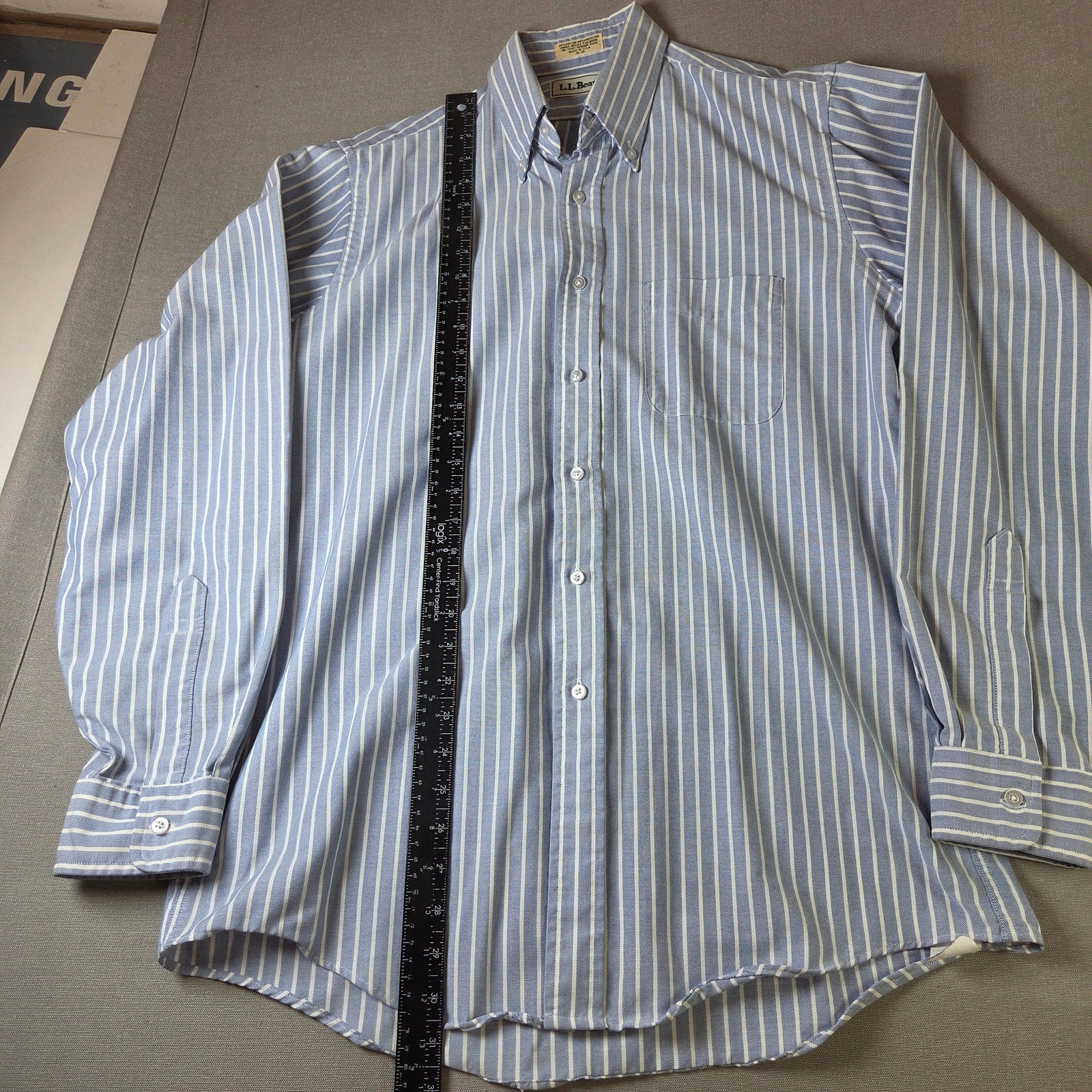 L.L. Bean Vintage Blue White Striped Button Down Shirt Made USA 15 36
