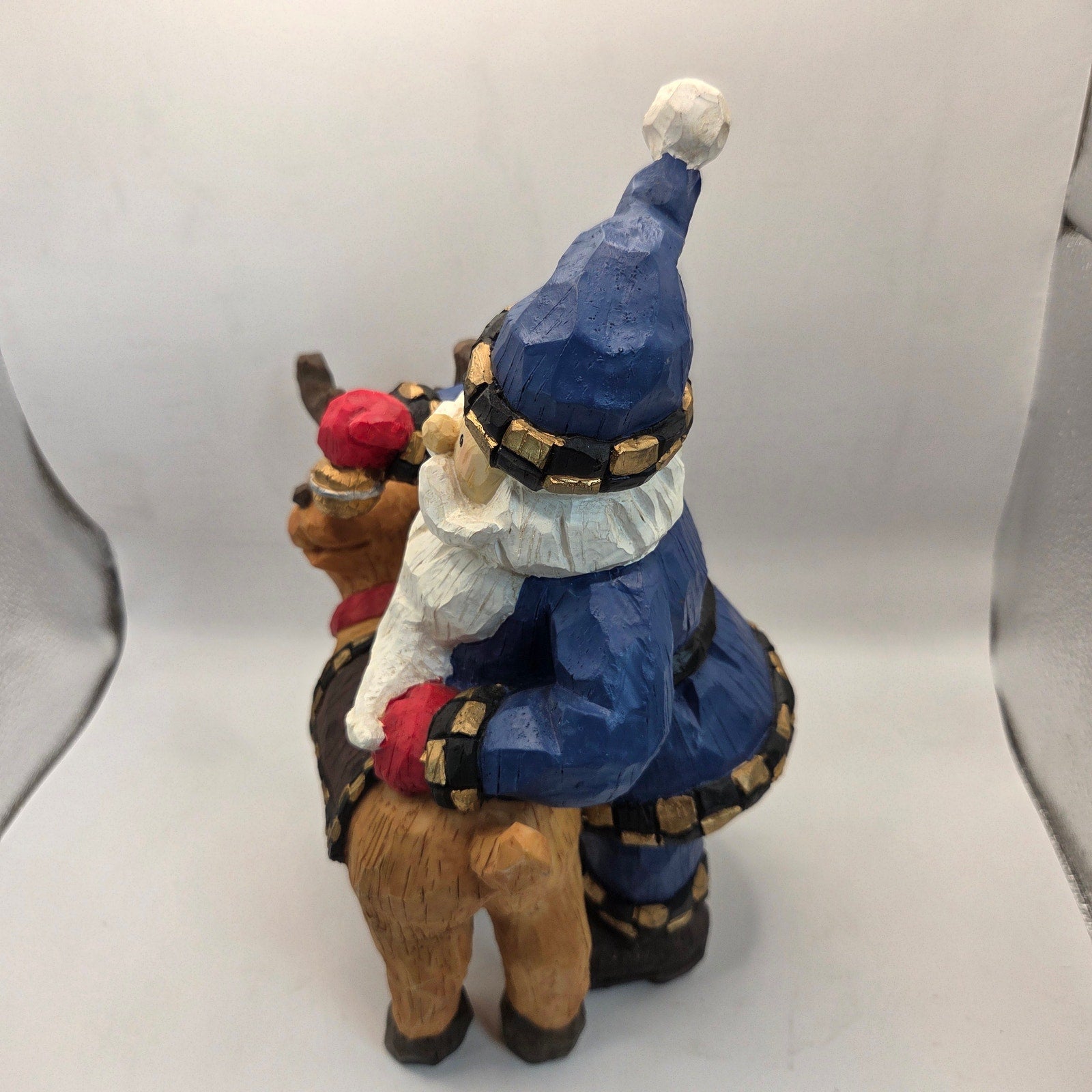 Blue Coat Santa Riding Reindeer Figurine Resin Christmas Decor 11”