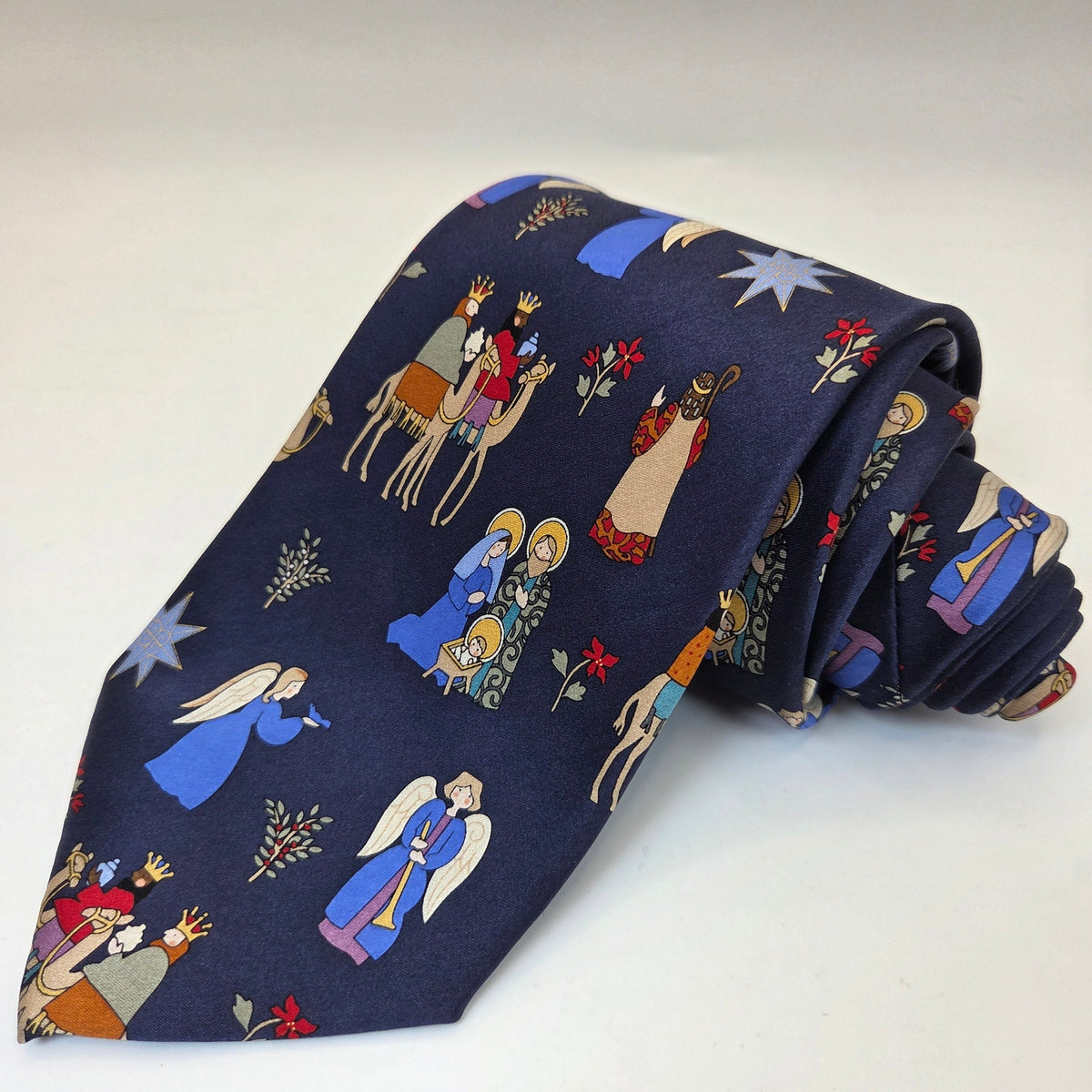 John Ashford Nativity Christmas Silk Tie Angels Wise Men Blue Handmade