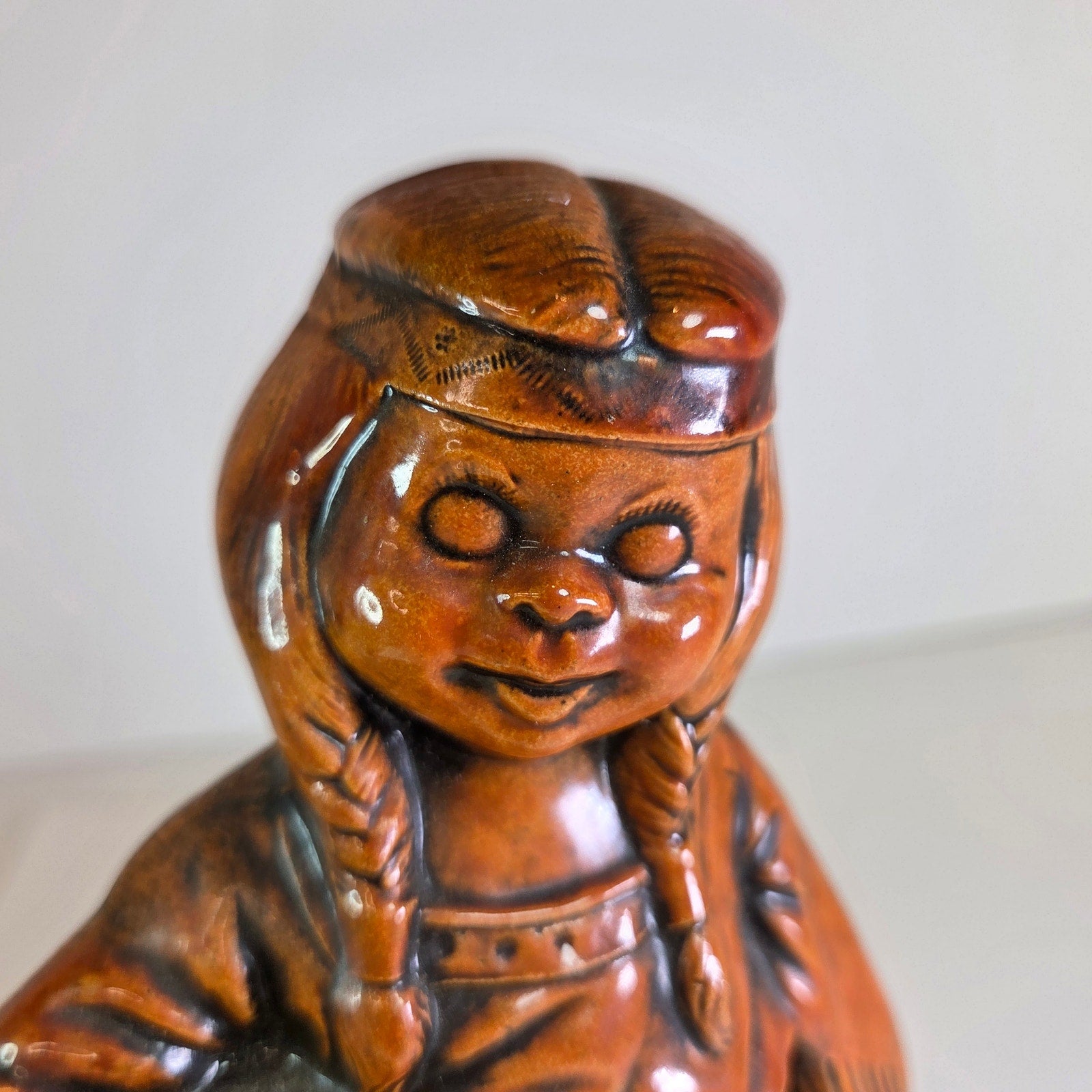 Vintage Ceramic Figurine Native American Girl Holding Pottery Brown Glaze 7.75"