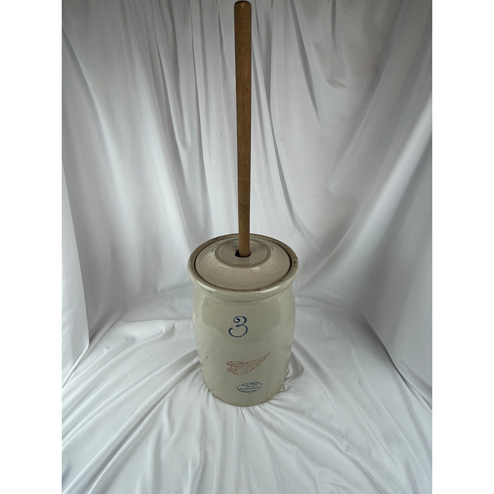 Antique Red Wing 3 Gallon Stoneware Butter Churn Crock w Lid & Wooden Dasher
