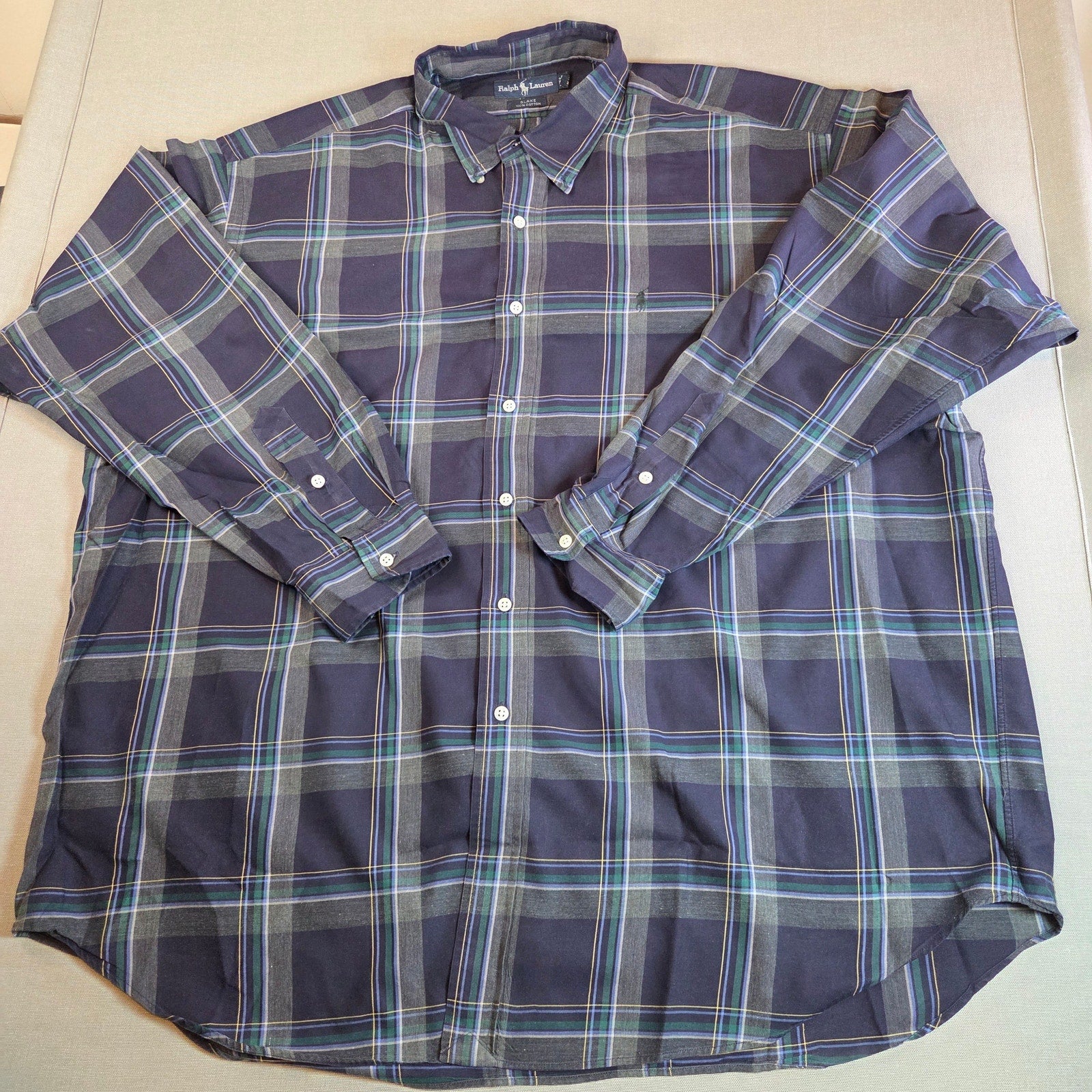 Vintage Ralph Lauren Blake XXL Plaid Button Down Shirt Blue Green Cotton