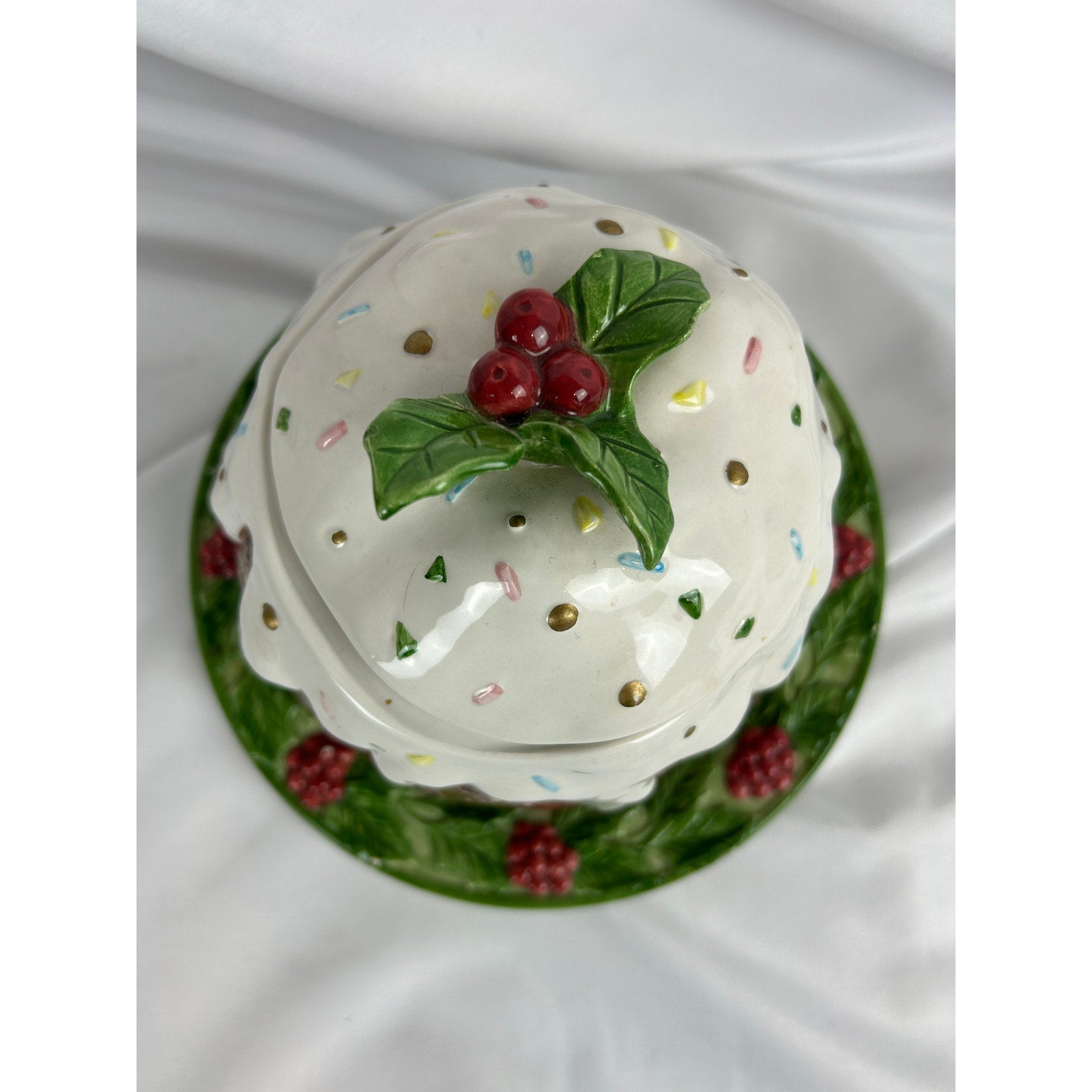 Vintage Ceramic Christmas Pudding Cookie Jar Holly Plate Japan Style -Retired