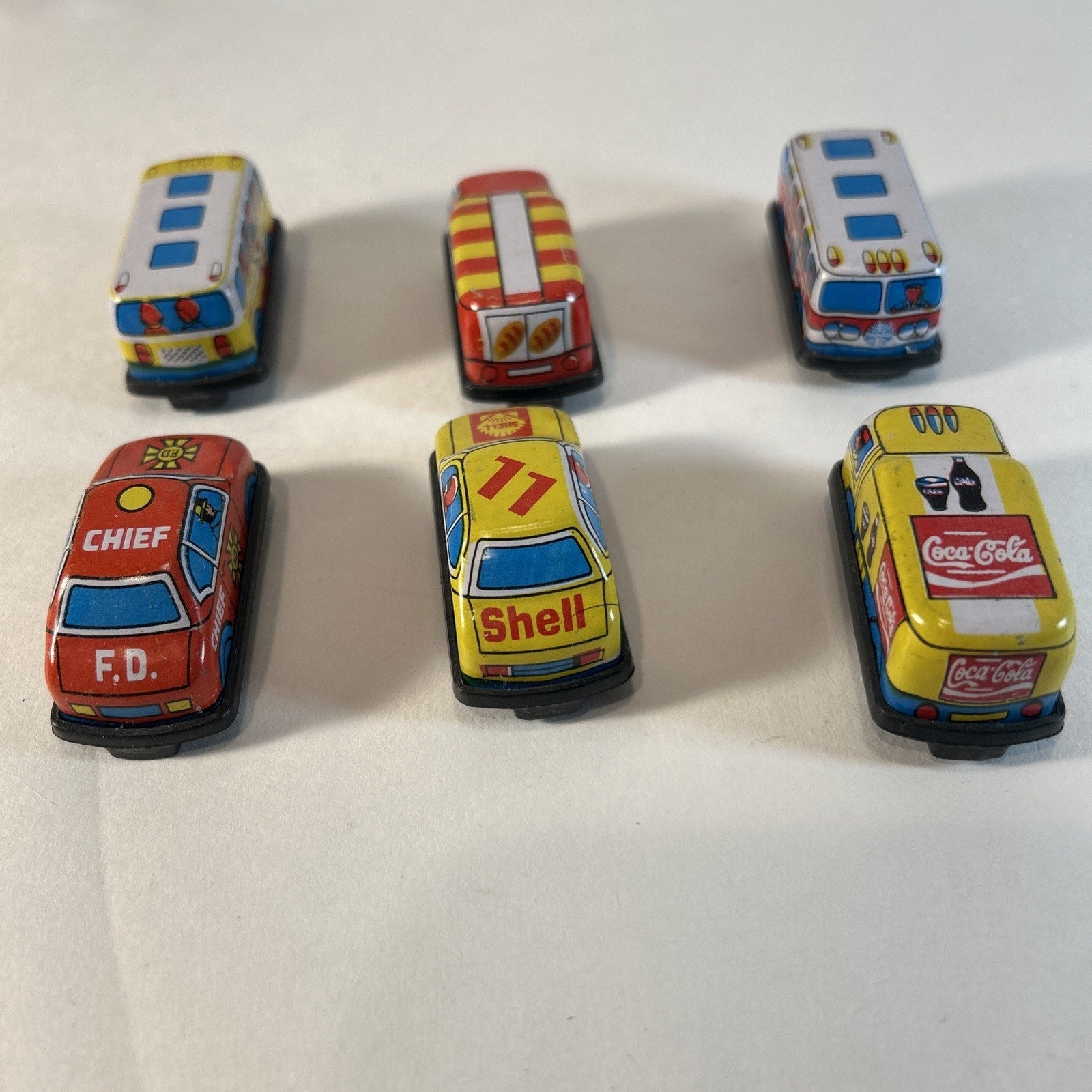 Vintage Tin Litho Friction Super Mini Toy Car Set w/ Display Taiwan 12pc
