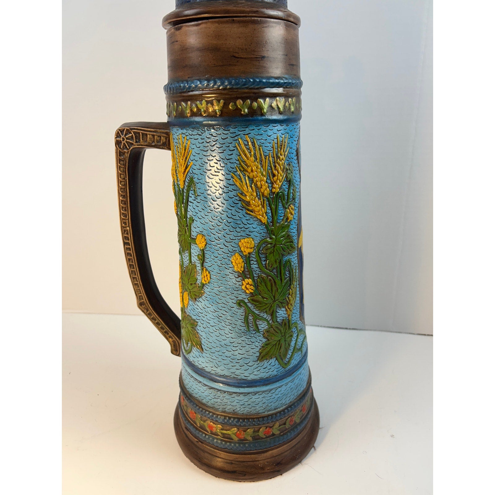 German Beer Stein Dancing Couple Relief Lidded Ceramic Tall Collectible