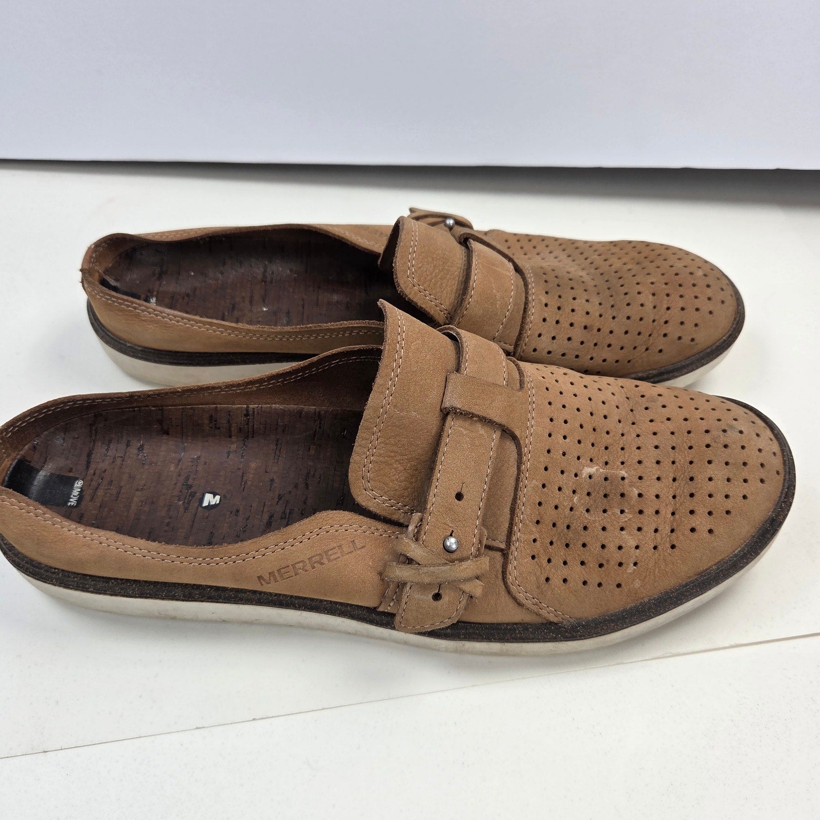 Merrell Around Town J03704 Womens 11 Tan Leather Perforated Slip On Mules