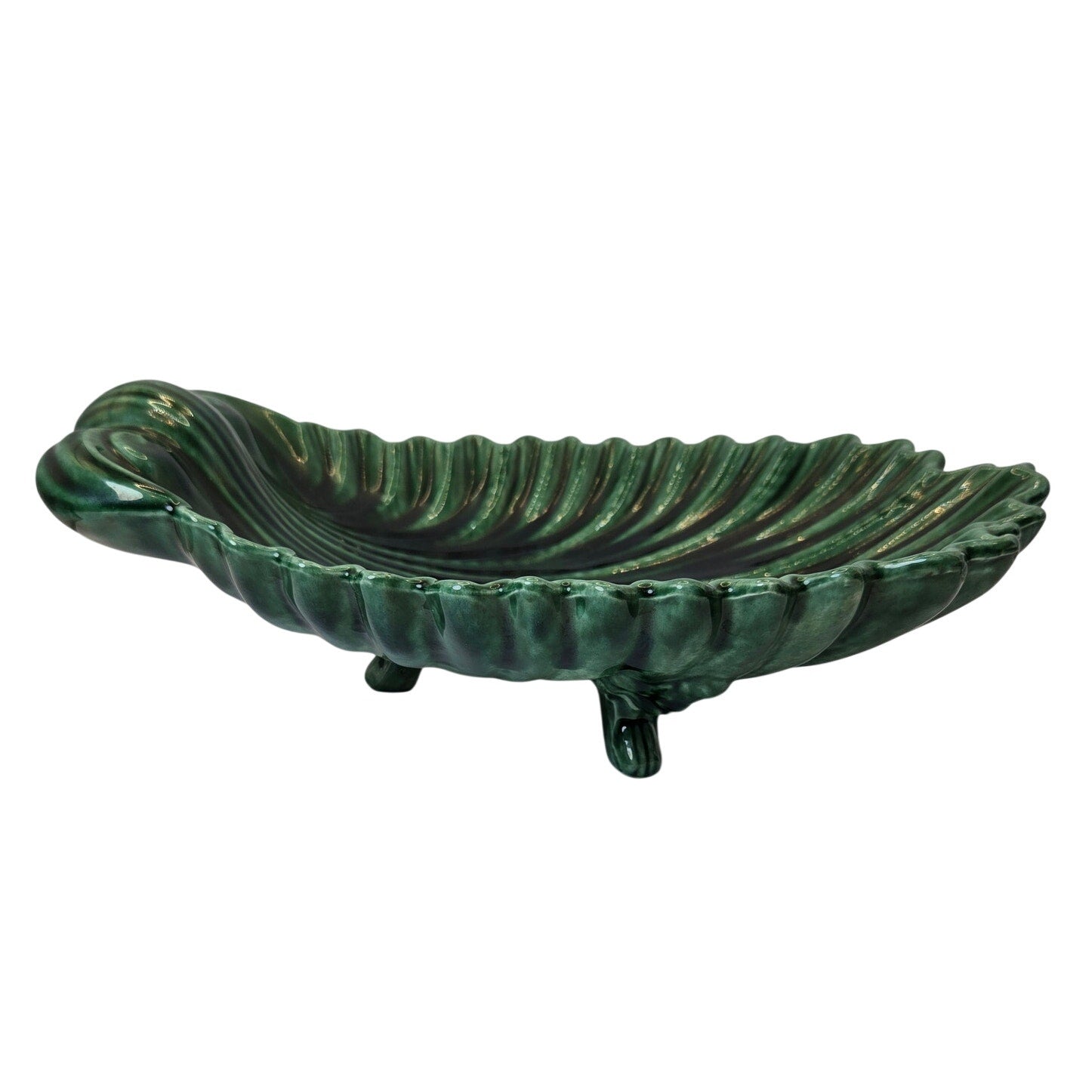Vintage 1959 Green Glazed Shell Form Footed Art Pottery Dish Centerpiece 11in
