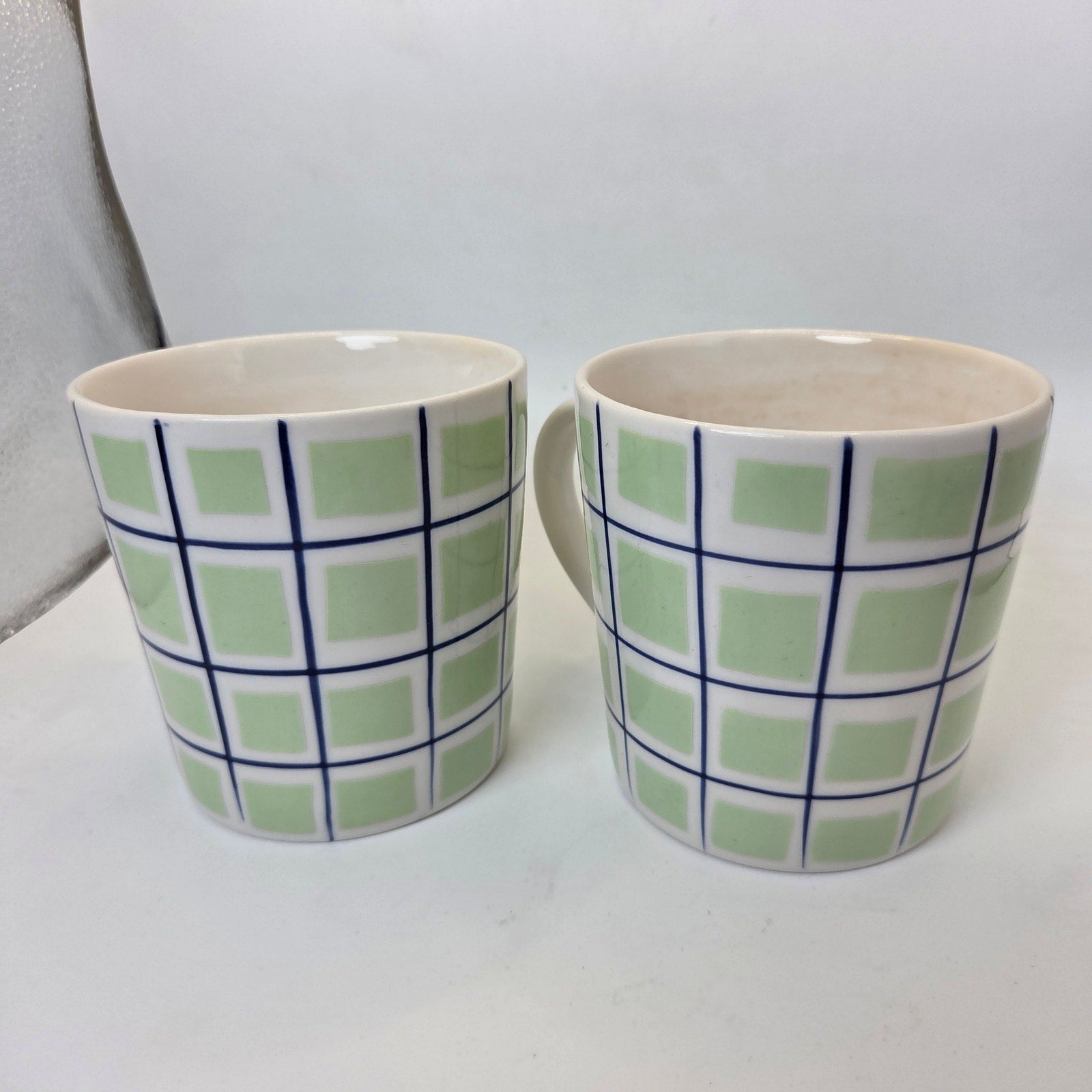 Starbucks Barista 2003 Green Blue Plaid Check Coffee Mugs Set Of 2 Cups