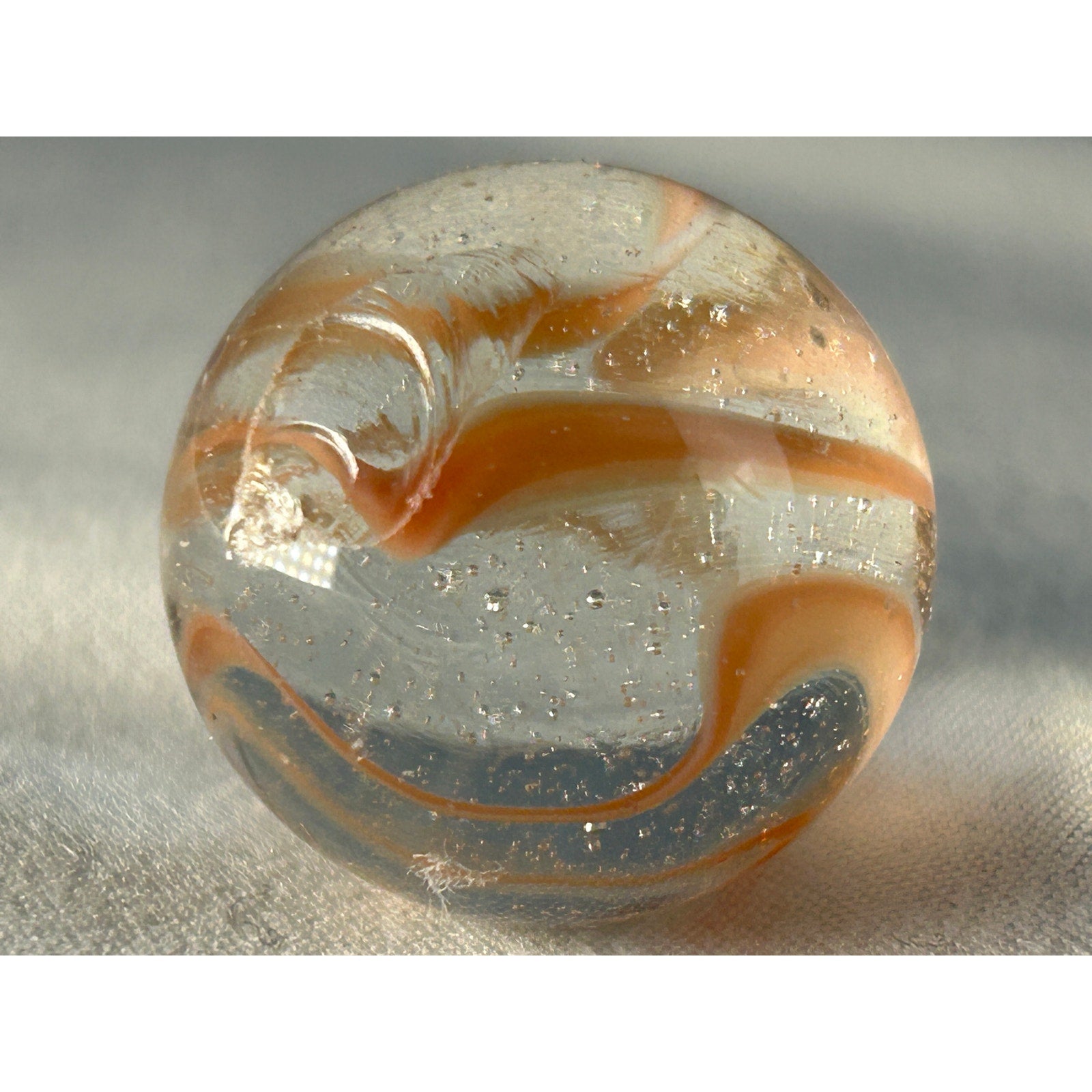 Art Glass Marble Orange Ribbon Swirl Clear Base 0.70 Inch