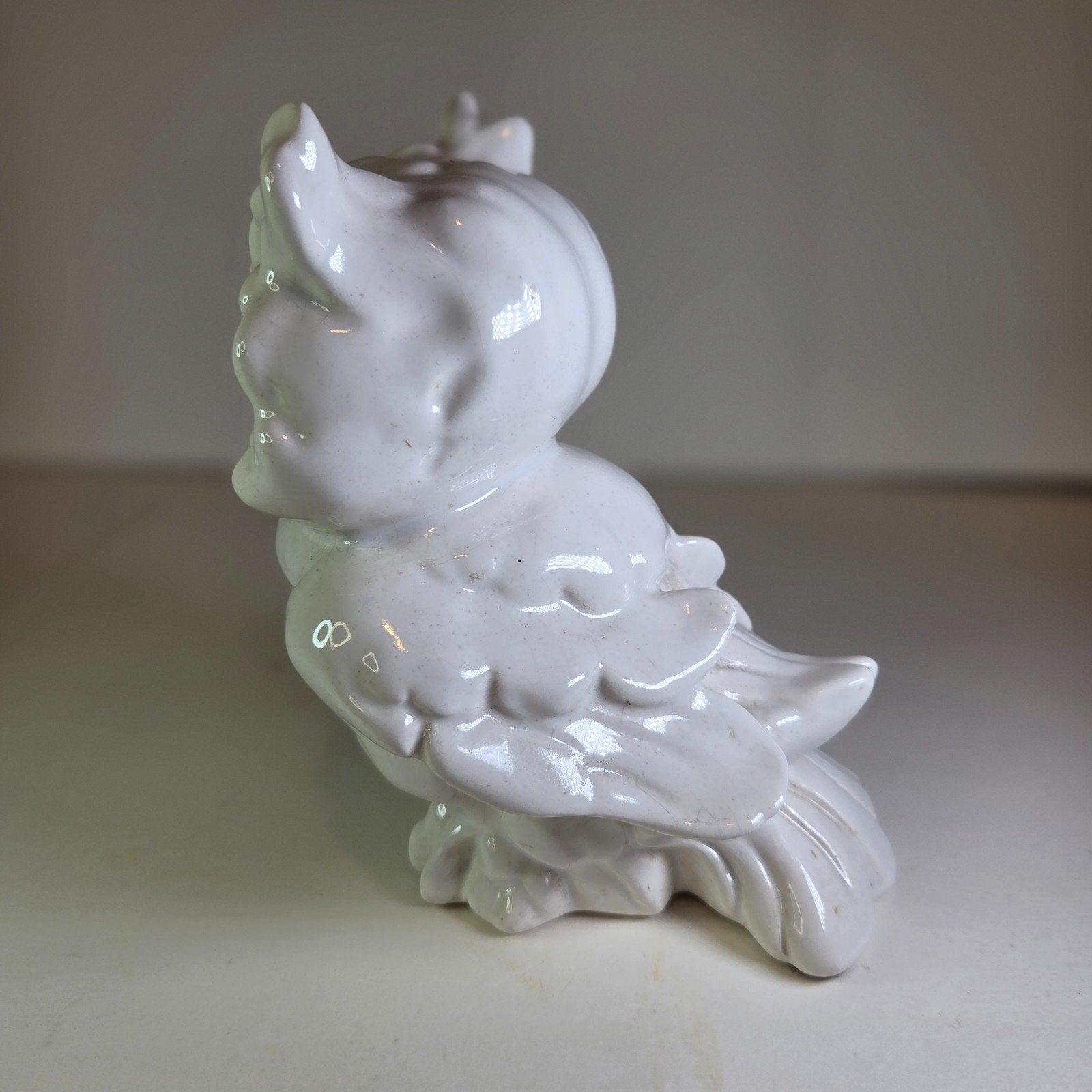 Vintage White Ceramic Owl Figurine Mid-Century Style Big Eyes 5.75" Tall
