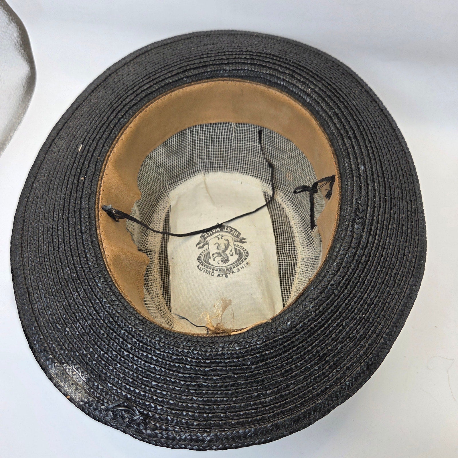 Vintage Straw Boater Hat Black Flat Top Size 6 3/8 Antique Ribbon Band