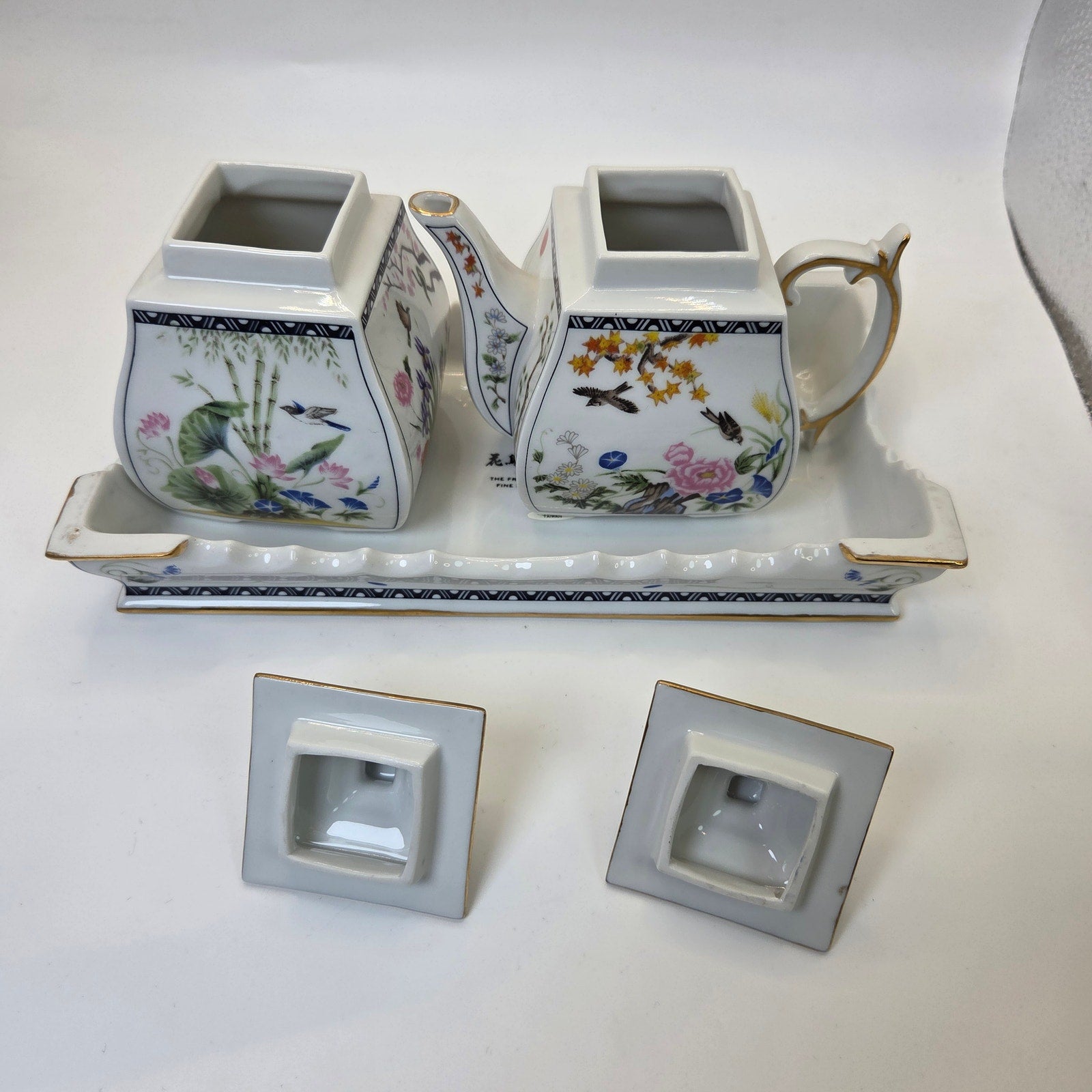 Franklin Mint 1989 Porcelain Sugar & Creamer Set w Tray Flowers Birds Gold