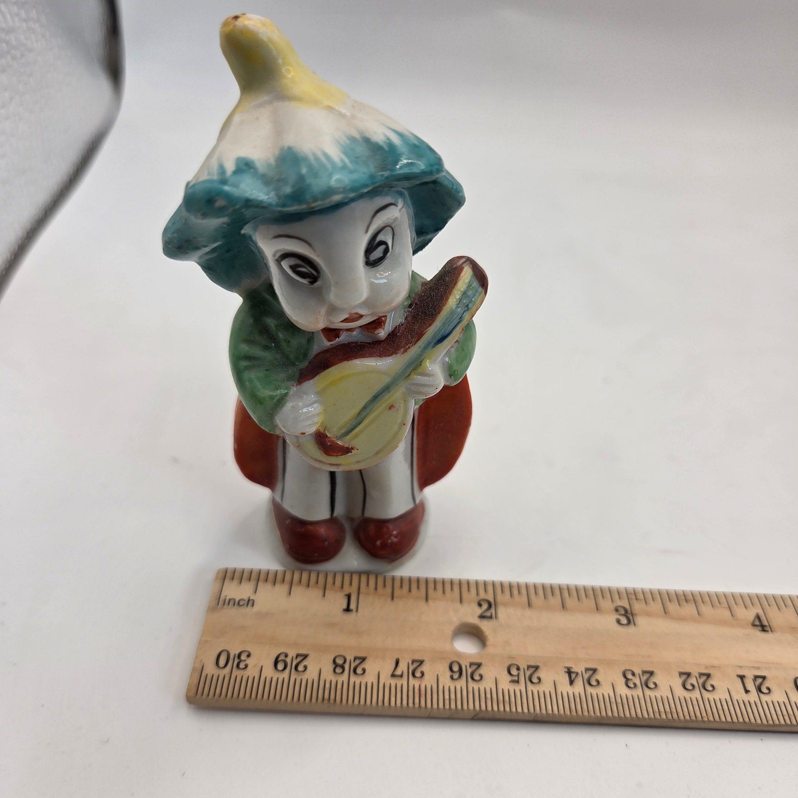 Vintage Japan Pixie Figurine Mushroom Hat Ladybug Wings Mandolin Player 3.75”